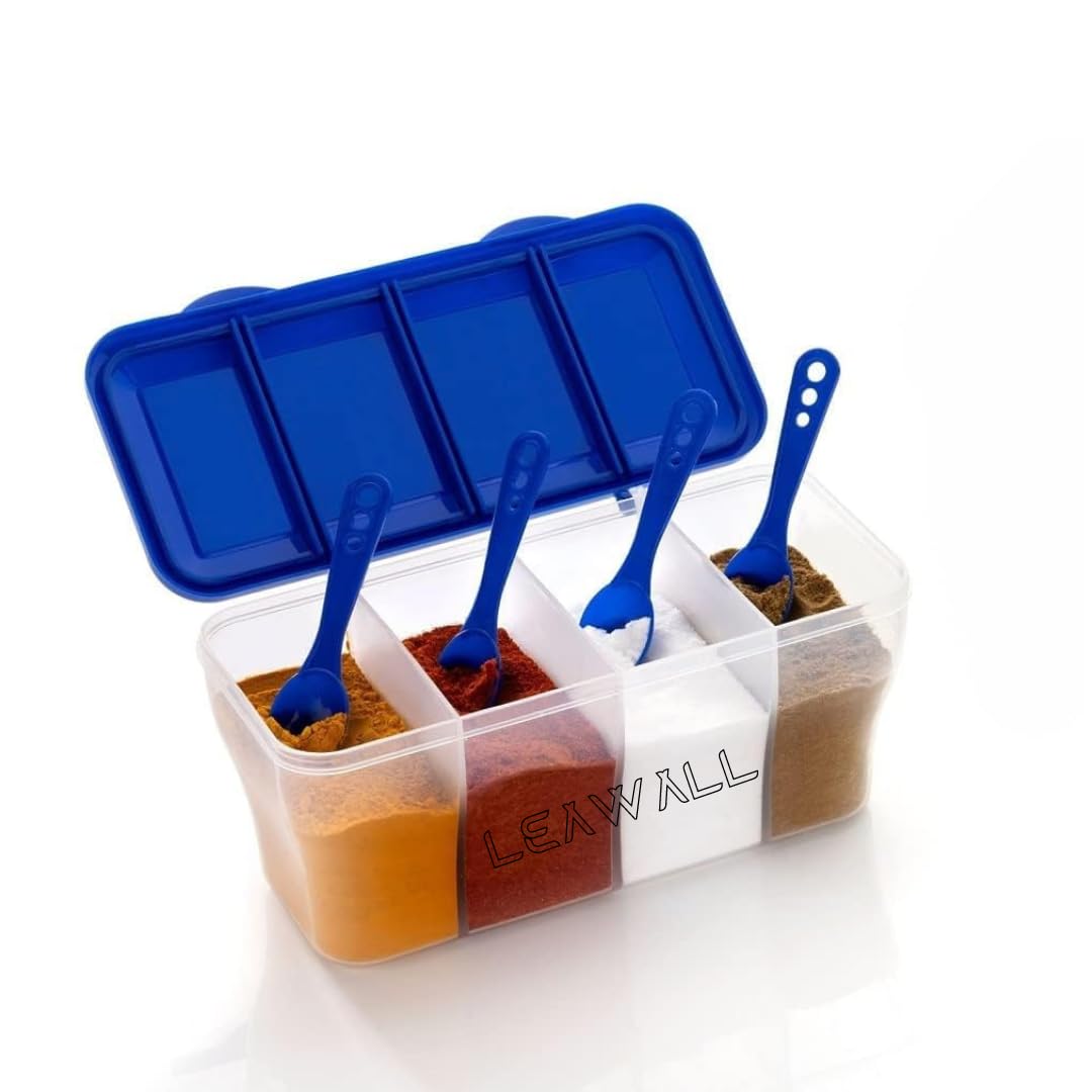 LEAWALL 4-in-1 Plastic Masala Spice Storage Box with 4 Compartments & Spoons - 1800ml Kitchen Organizer for Spices, Groceries, Cereal, Dry Fruits - Perfect for Indian Cooking & Pantry Organization (Blue)