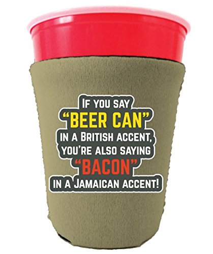 Beer Can Bacon Accents Party Cup Koozie - Insulated Can Cooler for Beer, Soda & Beverages - Perfect for BBQs, Tailgating & Outdoor Parties (Khaki)