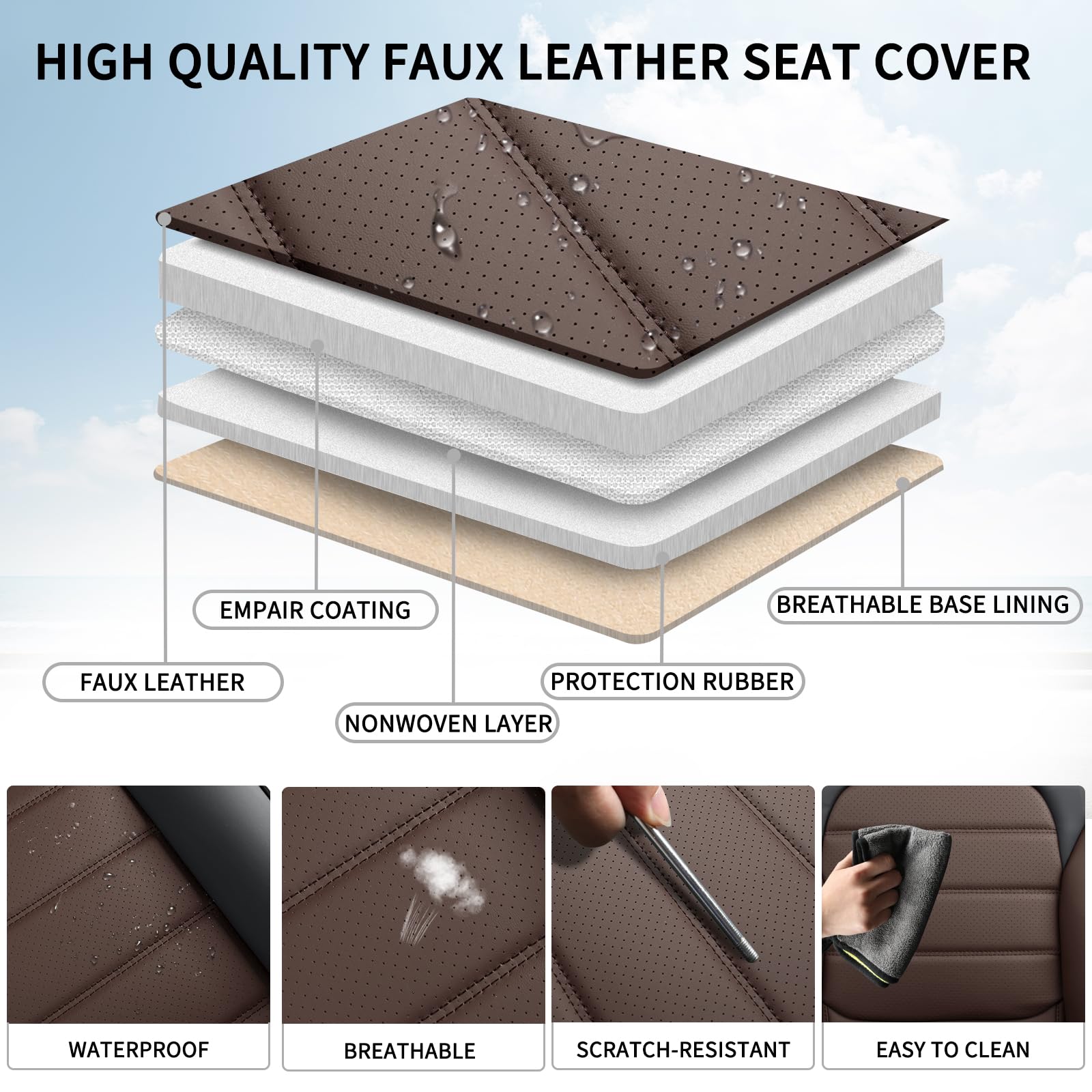 Premium Universal Leather Car Seat Covers Full Set (5 Seats) - Waterproof & Breathable Front & Rear Seat Protectors for Sedans, Trucks, SUVs - Black & Brown | Perfect for Daily Commuting, Road Trips & Family Protection