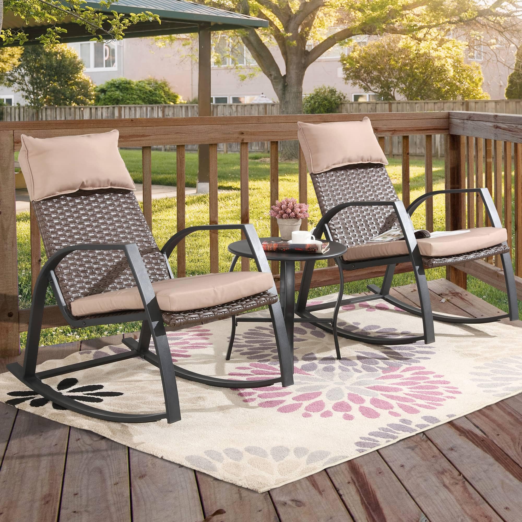 PatioFestival 3-Piece Outdoor Bistro Set with Cushioned Metal Rocking Chairs & Side Table - All-Weather Khaki Patio Furniture for Garden, Deck, or Backyard Relaxation