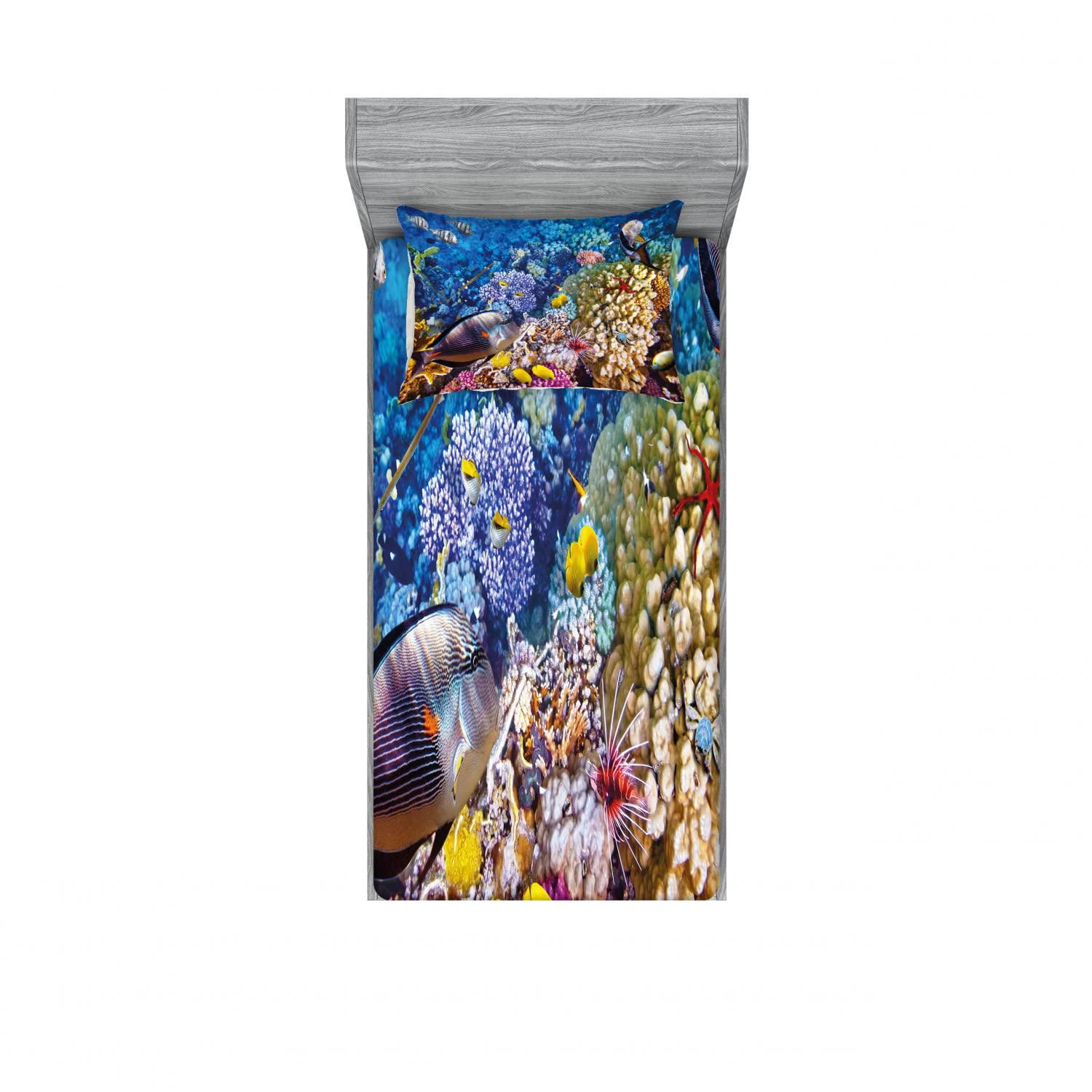 Ambesonne 2-Pack Twin XL Fitted Sheets & Pillow Sham Set - Ocean Fish Themed Multicolor Bedding Decor (4-Piece Set) | Perfect for Beach House, Guest Room & Coastal Themed Bedrooms