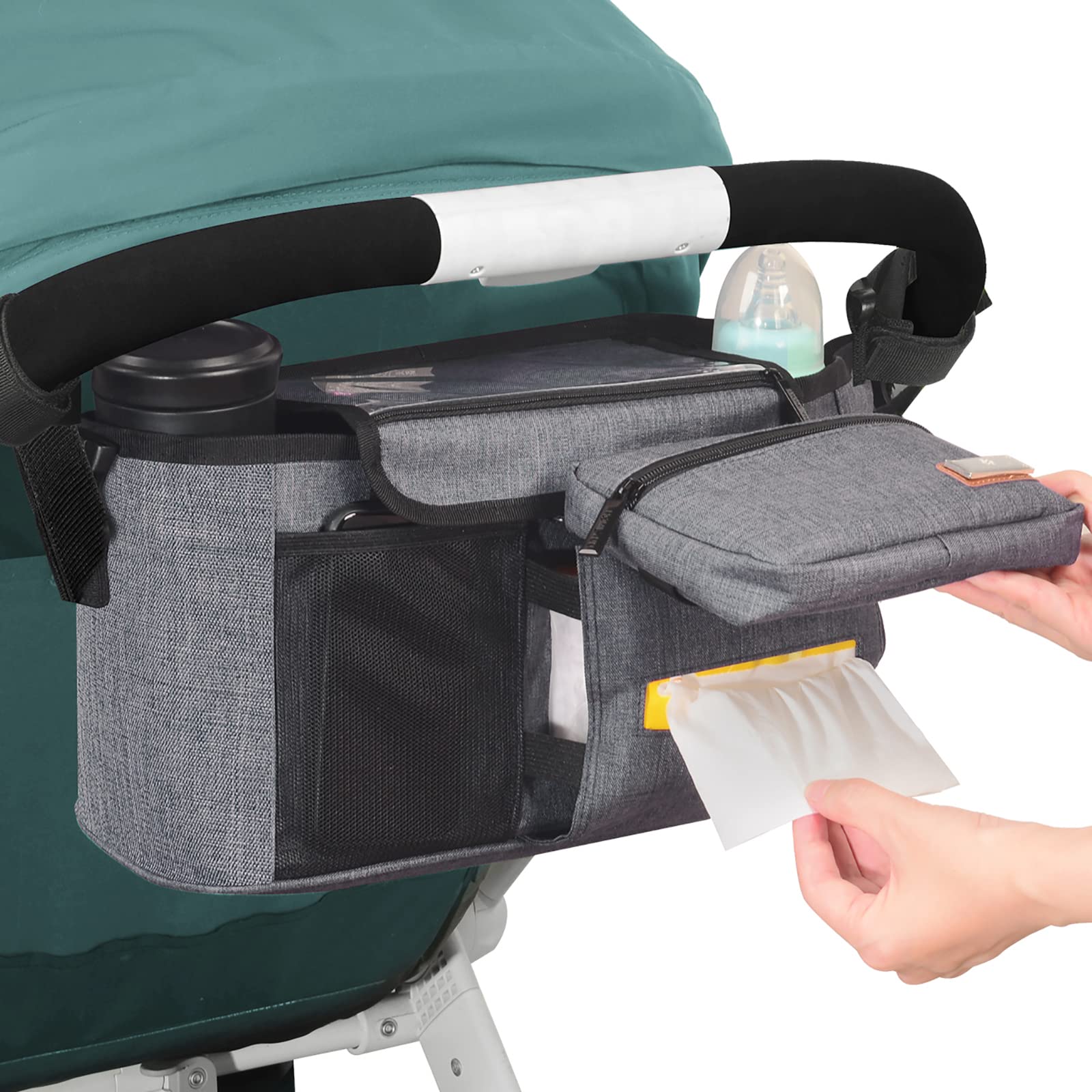 Universal Baby Stroller Organizer with Cup Holders & Detachable Storage Bag - Gray Stroller Accessories Caddy for Diapers, Phone, Keys, Toys & Snacks - Perfect for Park Outings, Shopping Trips & Family Walks
