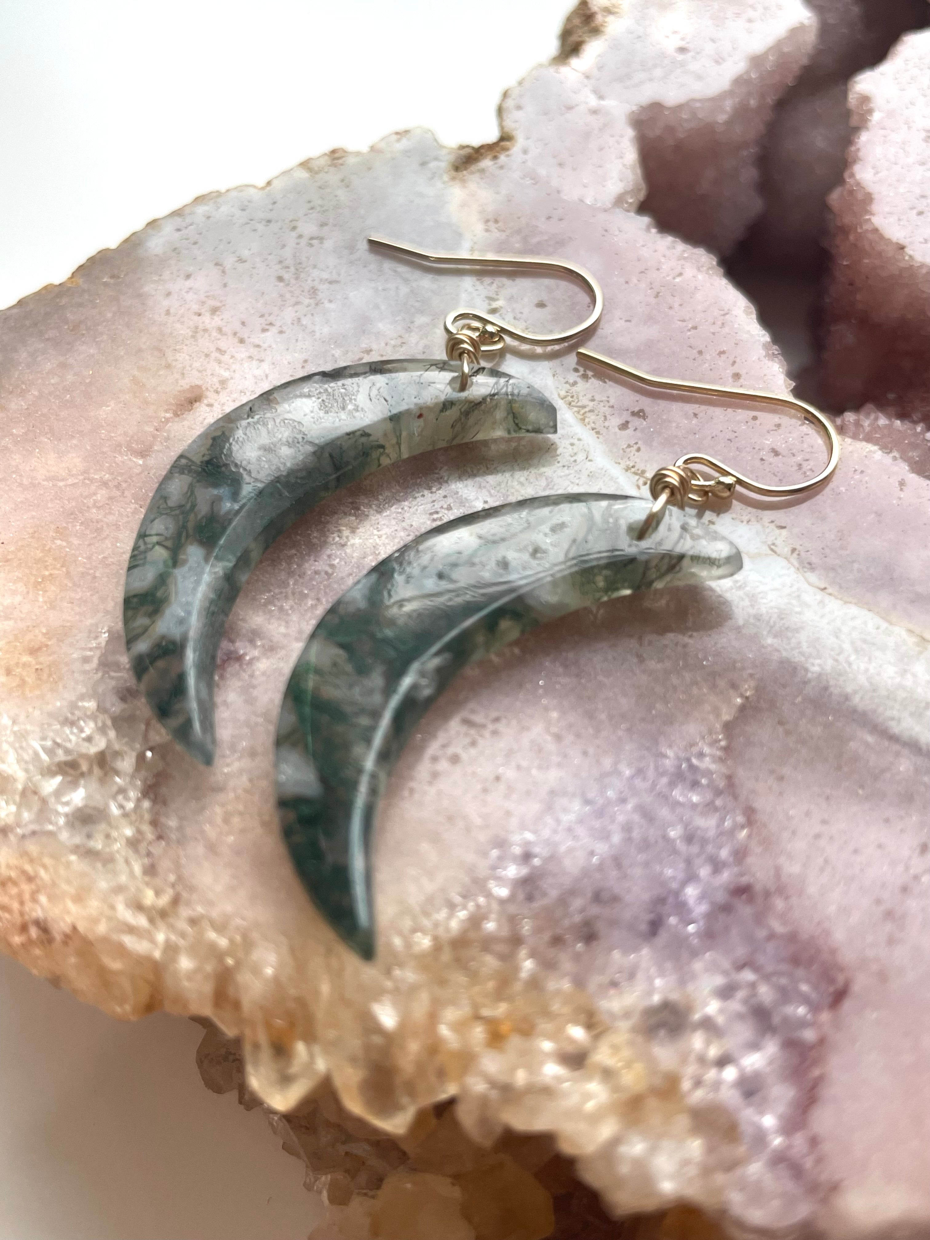 Natural Moss Agate Moon Dangle Earrings - Gold Filled Statement Jewelry for Women - Perfect for Boho, Hippie & Festival Outfits