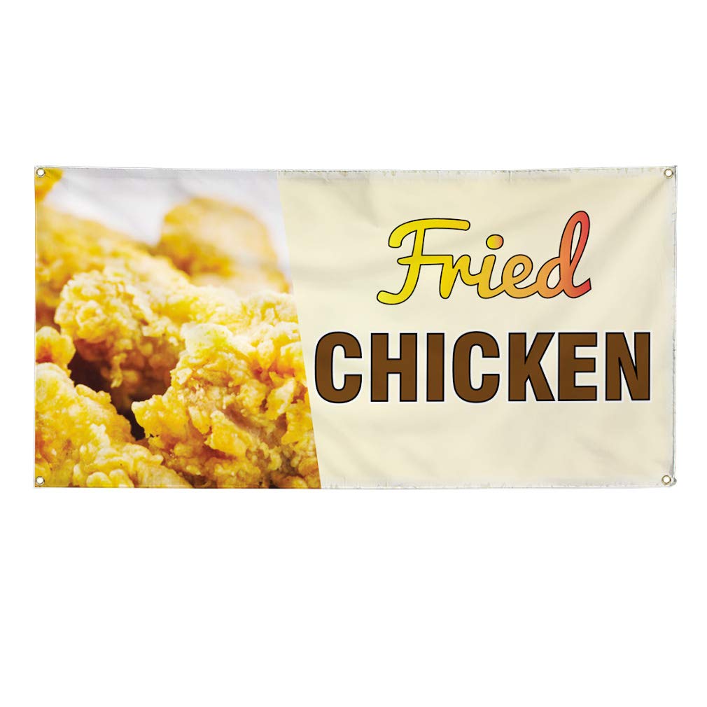 Custom Printed Vinyl Banners for Outdoor Advertising - Weatherproof Fried Chicken Restaurant Sign with 8 Grommets (48x96 Inches, Yellow) - Perfect for Food Trucks, Yard Sales & Business Promotion