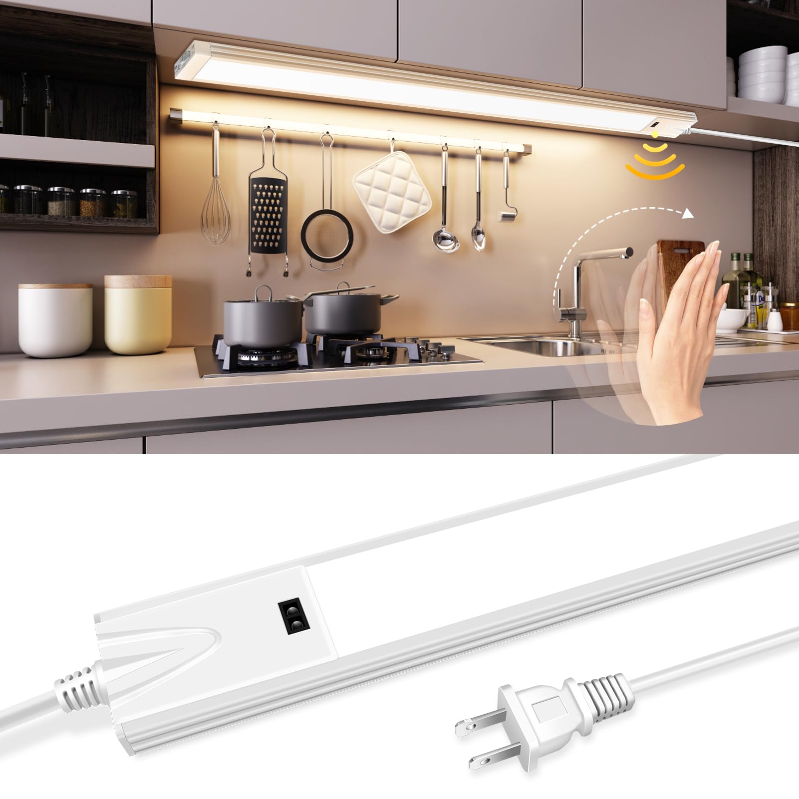 21 Inch Under Cabinet LED Lighting with Motion Sensor & Hand Wave Control - Dimmable Closet Lights, 3 Color Temperatures (3000K/4000K/6000K) for Kitchen, Pantry & Wardrobe - Easy Plug-in Installation (1 Pack) - Perfect for Nighttime Kitchen Tasks, Closet Organization & Cabinet Illumination