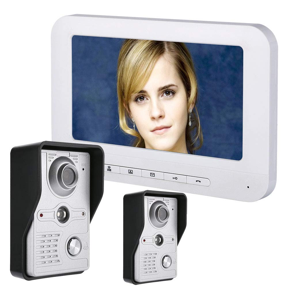 7 Inch LCD Video Intercom System with HD Night Vision - 700TVL Doorbell Camera Kit (2 Cameras + 1 Monitor) - White | Secure Home Entry & Apartment Communication Solution