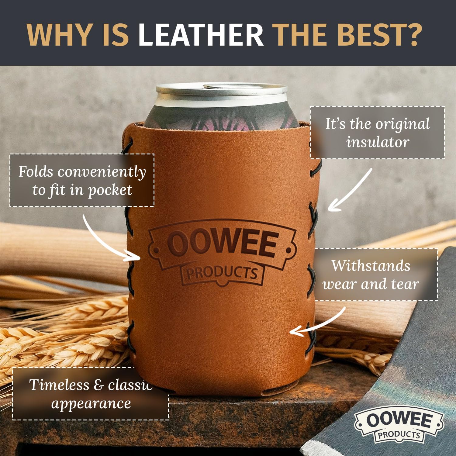 Premium Genuine Leather Can Holder Sleeve for 12-16oz Cans | Insulated Beer, Soda & Seltzer Koozie | USA Made Fishing & Camping Accessory | Perfect Gift for Men & Women | Outdoor, BBQ & Tailgating Essential
