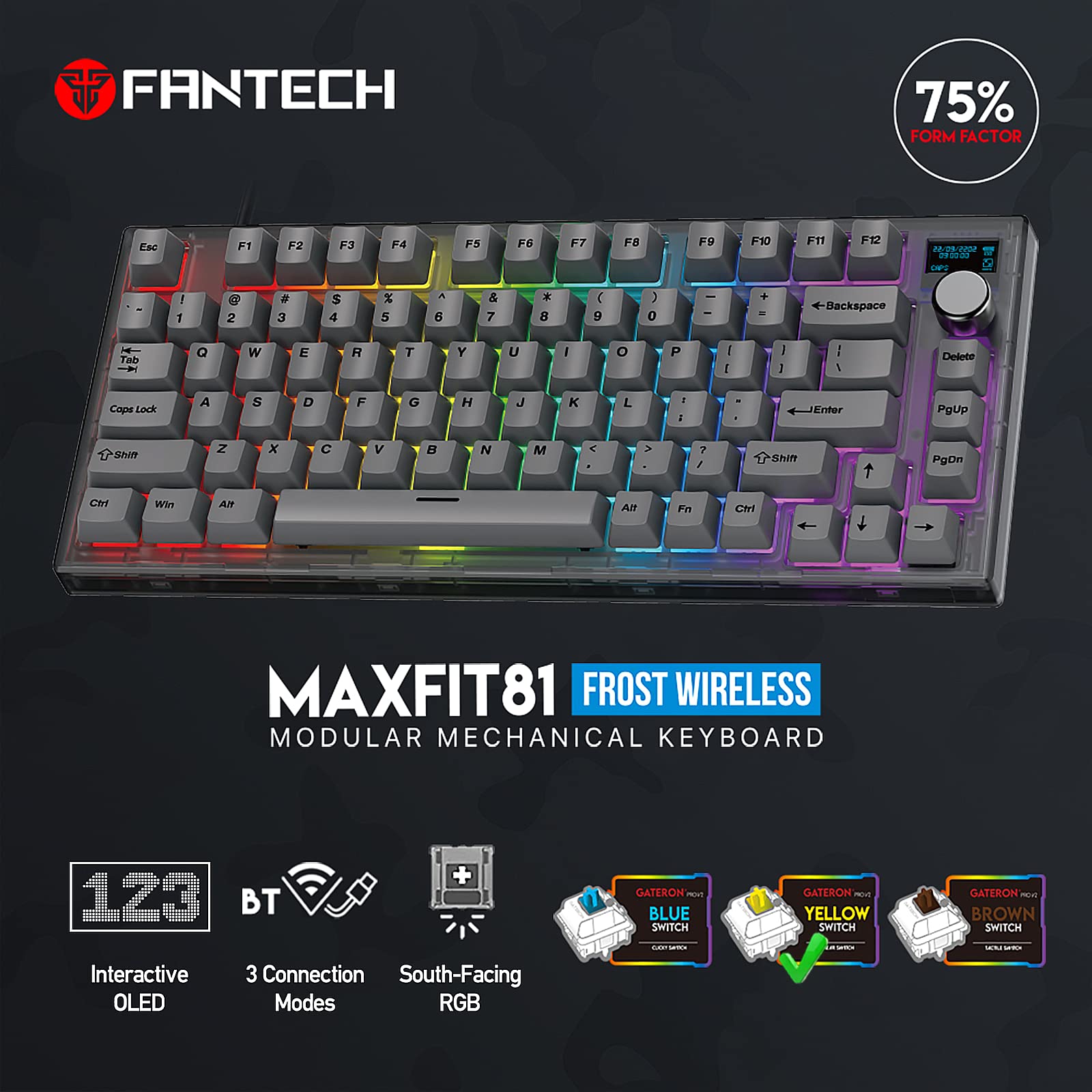FANTECH MAXFIT81 75% Mechanical Gaming Keyboard - RGB Backlit, Hot Swappable Gateron Yellow Switches, PBT Keycaps, Customizable OLED Display & Knob, Sound Proofing Base | Perfect for Esports, Office Work & Typing Enthusiasts