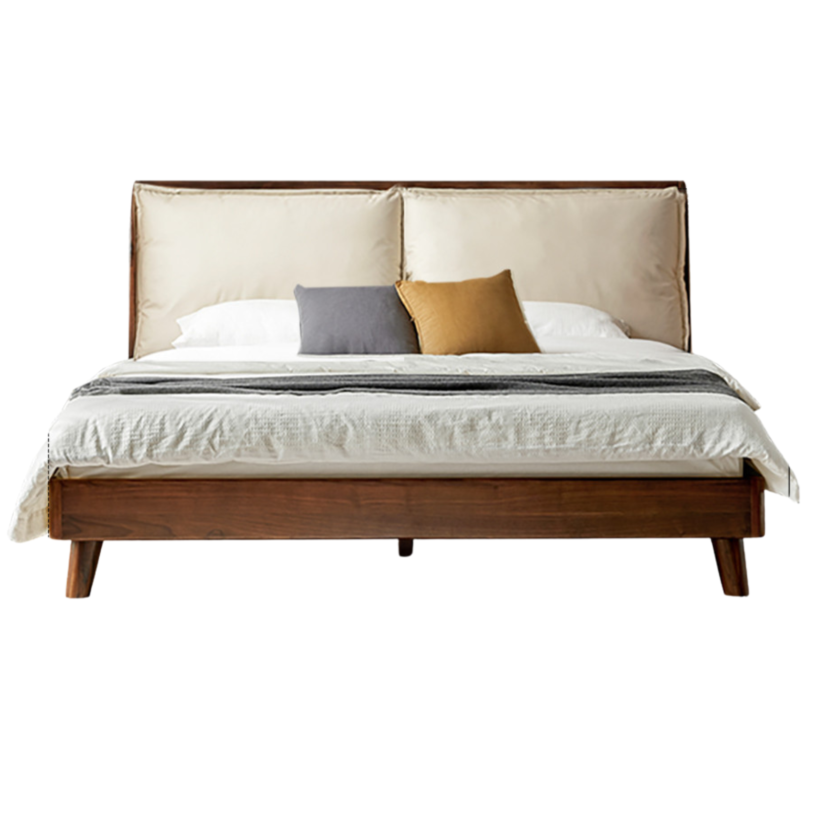 Premium Black Walnut Solid Wood Leather & Tech Fabric Bed Frame - Modern Platform Bed for Master Bedroom, Guest Room & Dormitory