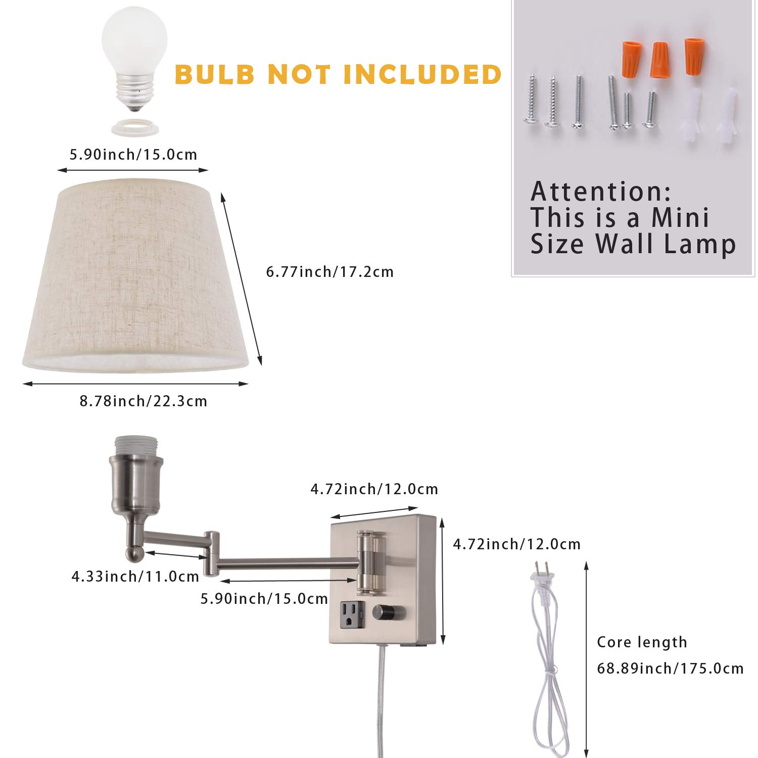 Dimmable Swing Arm Wall Sconce Light with USB Port & Outlet - Adjustable Fabric Shade Bedside Lamp in Satin Nickel for Bedroom, Living Room & Hotel - Perfect for Reading, Nightstand Lighting & Modern Home Decor