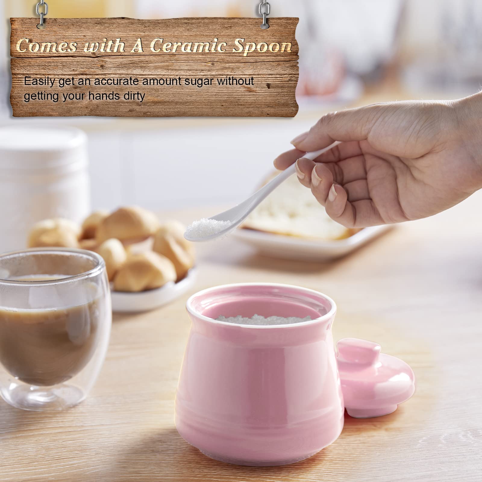 12 oz Ceramic Sugar Bowl with Lid and Spoon - Airtight Sugar Storage Container for Coffee, Tea & Baking - Pink Kitchen Decor for Countertop, Coffee Bar & Dining Table
