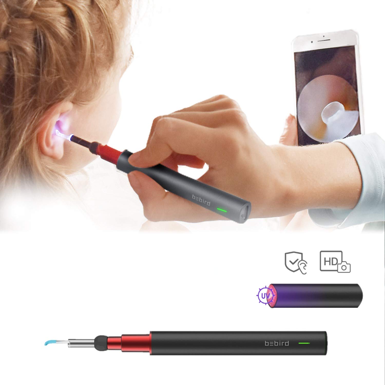 Bebird A2 Upgraded Wireless Ear Camera - HD Digital Otoscope for Ear Wax Removal & Borescope Inspection with UV Light - Compatible with Android & iPhone - 21-Piece Cleaning Kit for Kids & Adults - Perfect for Home Ear Care, Medical Checkups, and DIY Inspections