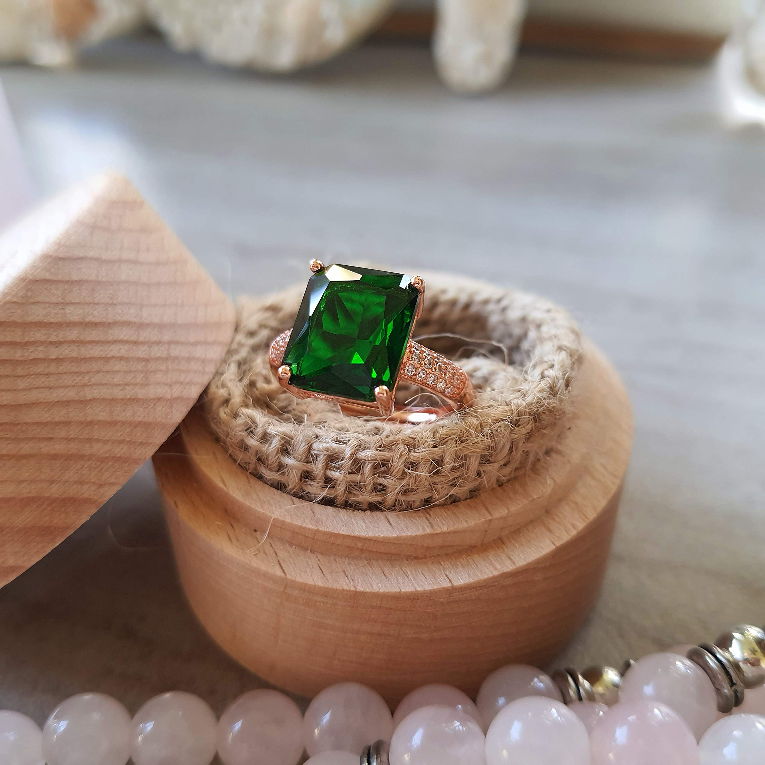 16K Rose Gold Green Stone Talisman Ring for Women - Good Luck, Money & Dream Jewelry, Rectangular Birthstone Ring for Psychic Protection | Perfect for Spiritual Healing, Meditation & Positive Energy