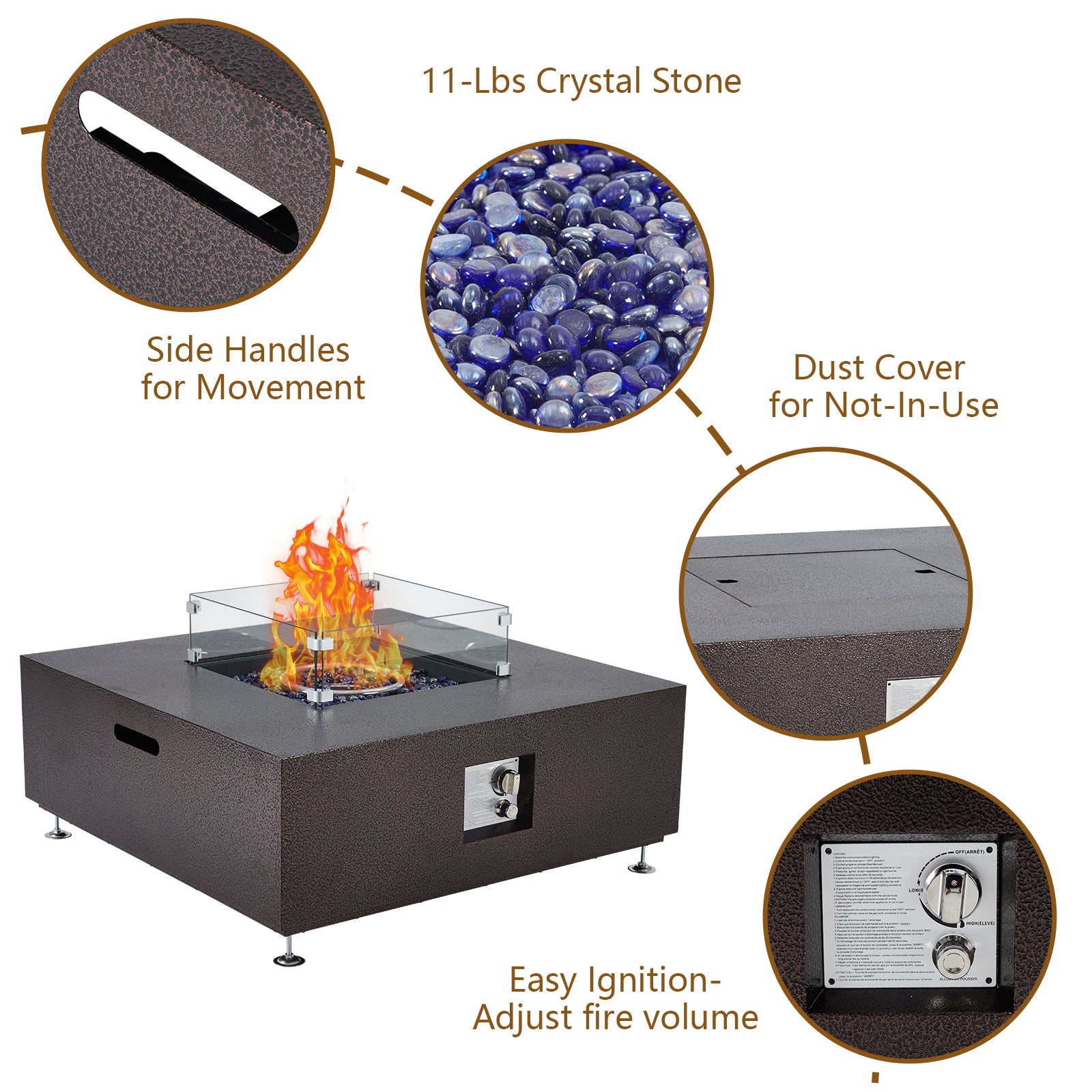 GARVEE 36-Inch 50,000 BTU Propane Fire Pit Table with Wind Guard - 11lbs Fire Glass Beads, Weatherproof Rain Cover, Durable Steel Rust-Resistant Finish - CSA Certified Bronze Patio Heater for Outdoor Backyard, Deck, Garden, and Camping