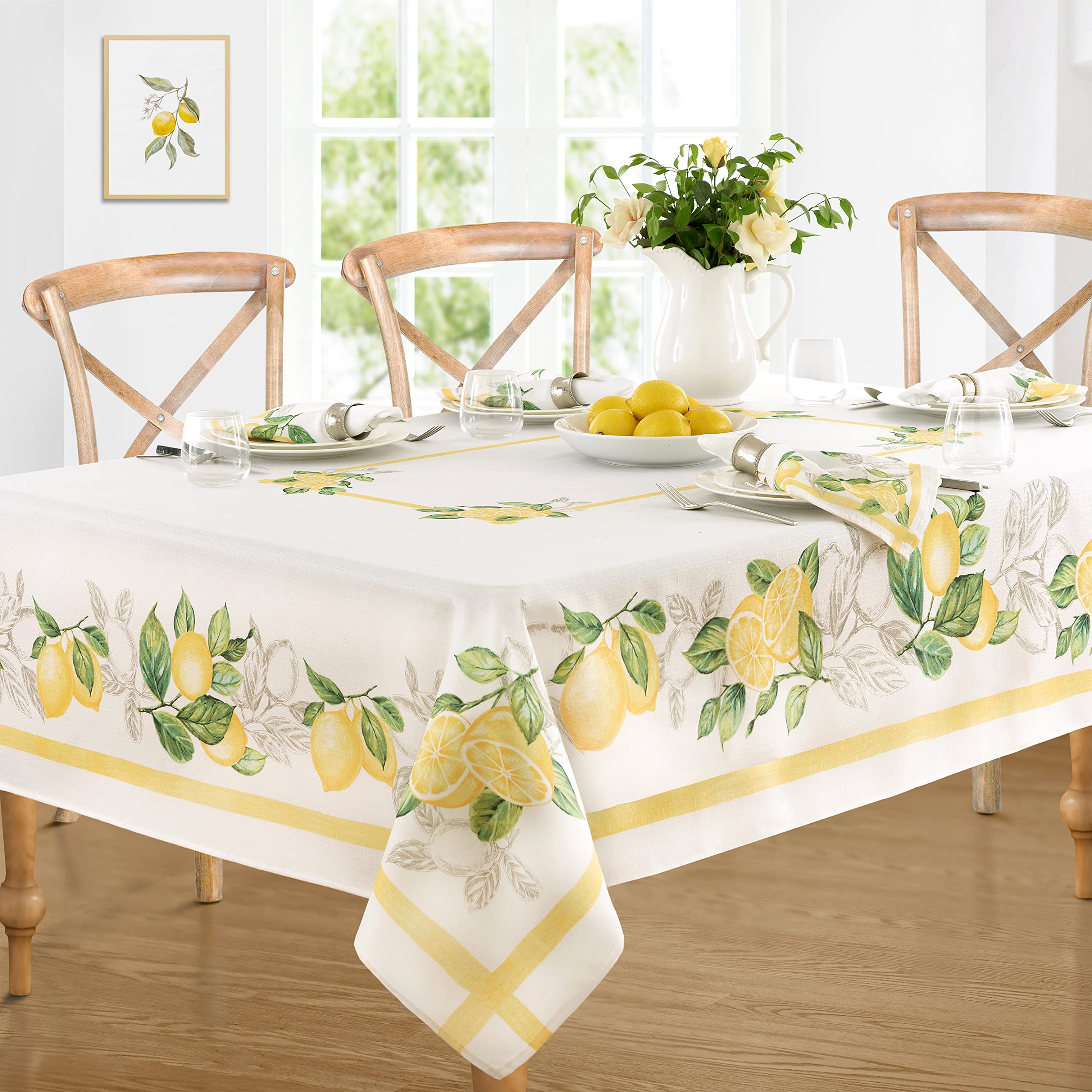 Newbridge Rectangle Fabric Placemats Set of 4 - Stain Resistant No-Iron Indoor/Outdoor Table Mats in Lemon Orchard Print with Fresh Lemon and Citrus Leaf Design - Perfect for Dining Tables, Kitchen Decor, and Outdoor Entertaining