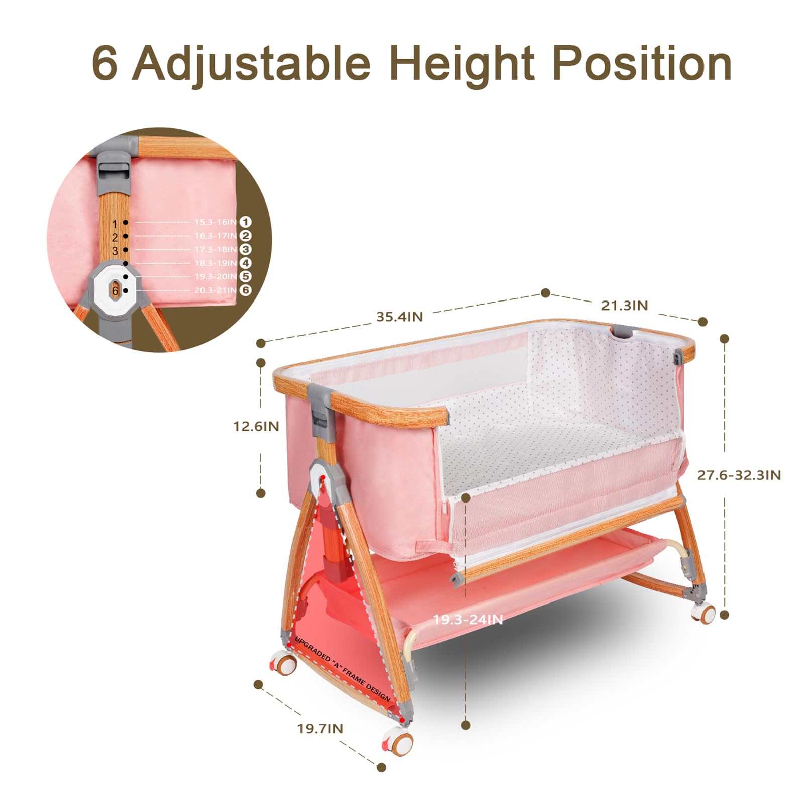 Adjustable Baby Bassinet with Wheels & Mosquito Net - 6 Height Settings, 3-in-1 Portable Bedside Sleeper Crib for Newborns, Infants & Toddlers (Pink) - Perfect for Nursery, Bedroom & Travel Use