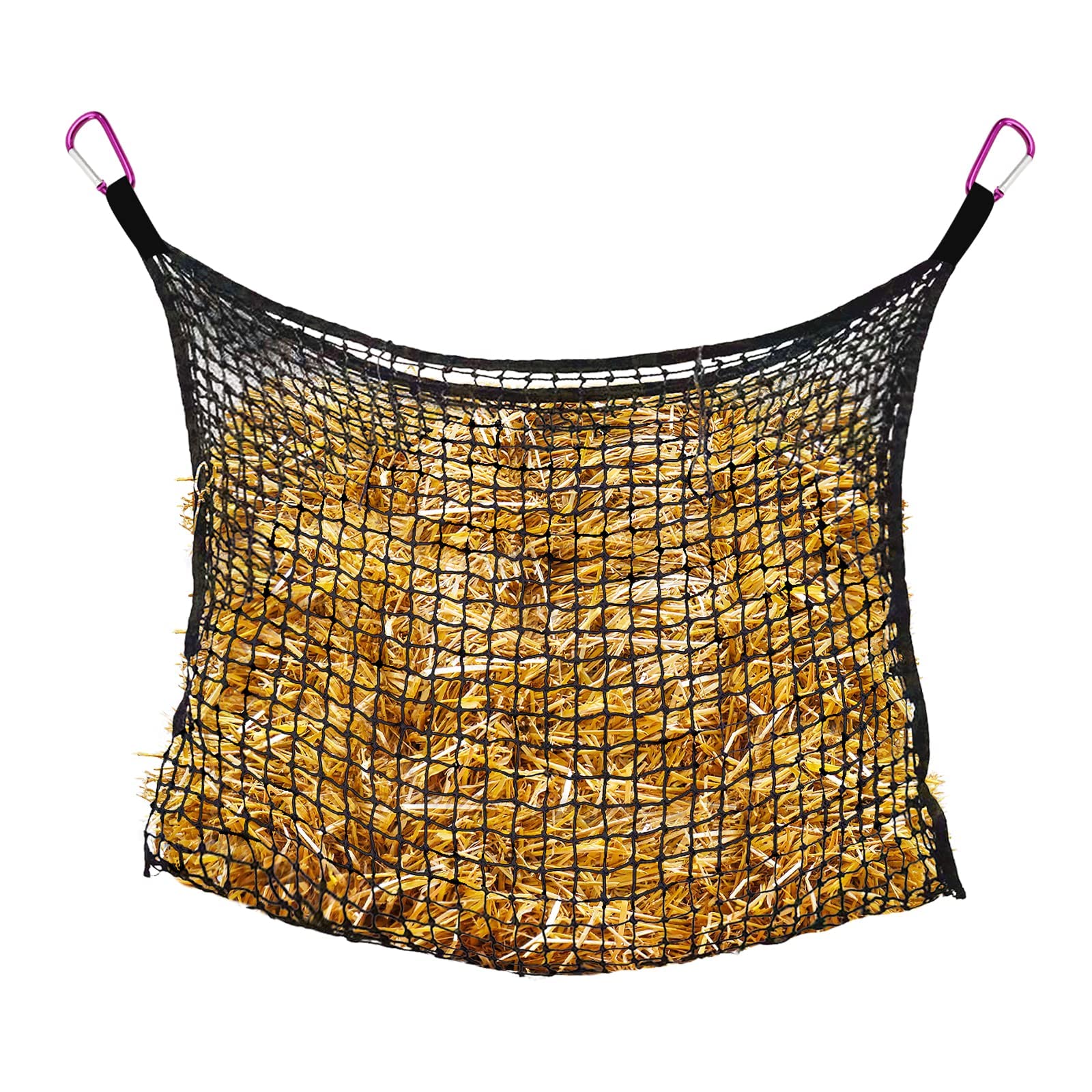 **Bloomoak Knotless Slow Feed Hay Net for Horses - 4 Carabiner Clips, Large Capacity Hanging Hay Bag (35