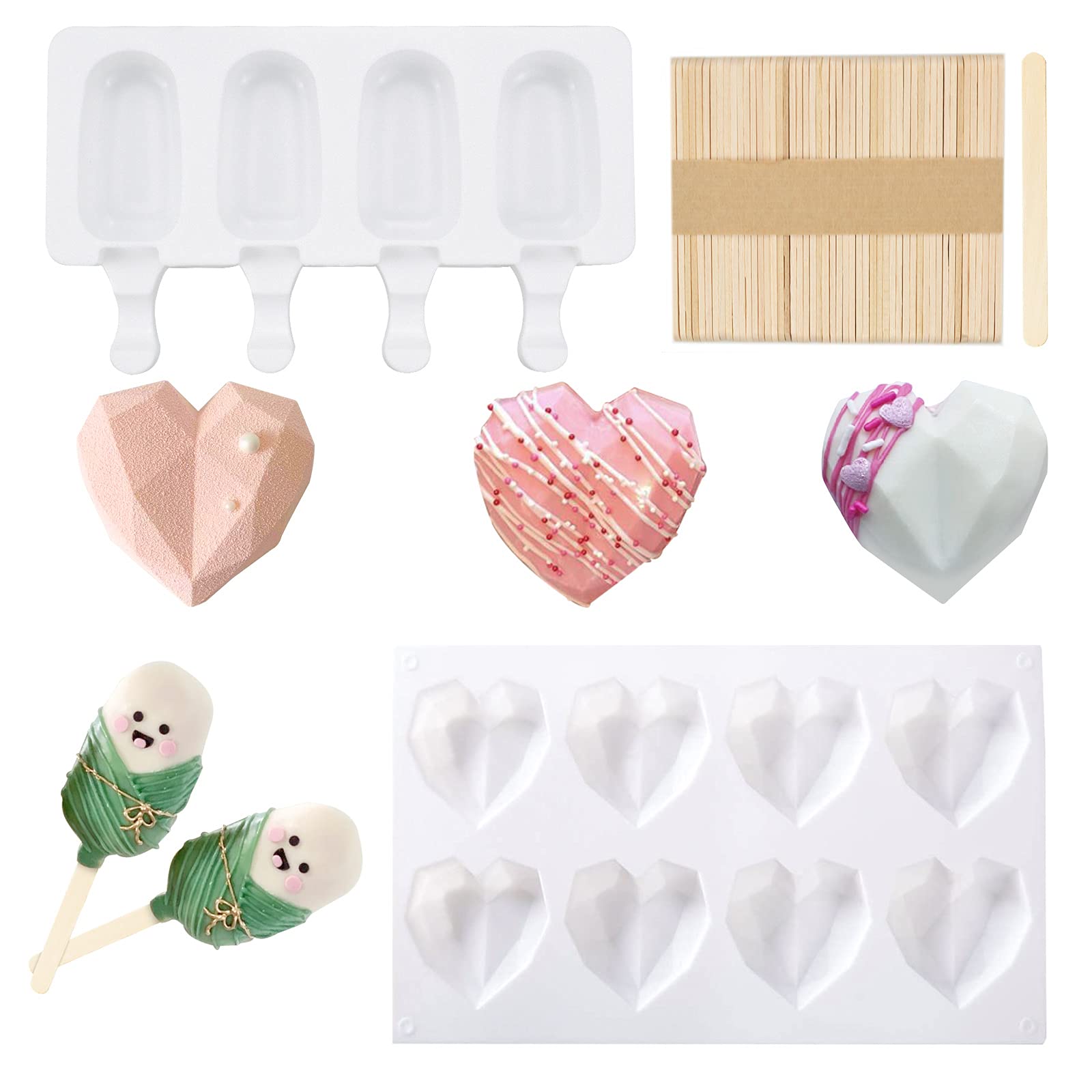 Heart Shaped Chocolate & Popsicle Mold Set - 8 Cavity Diamond Heart Mousse Cake Tray + 4 Cavity Ice Cream Maker | Perfect for Valentine's Day Gifts, Birthday Parties & DIY Dessert Making