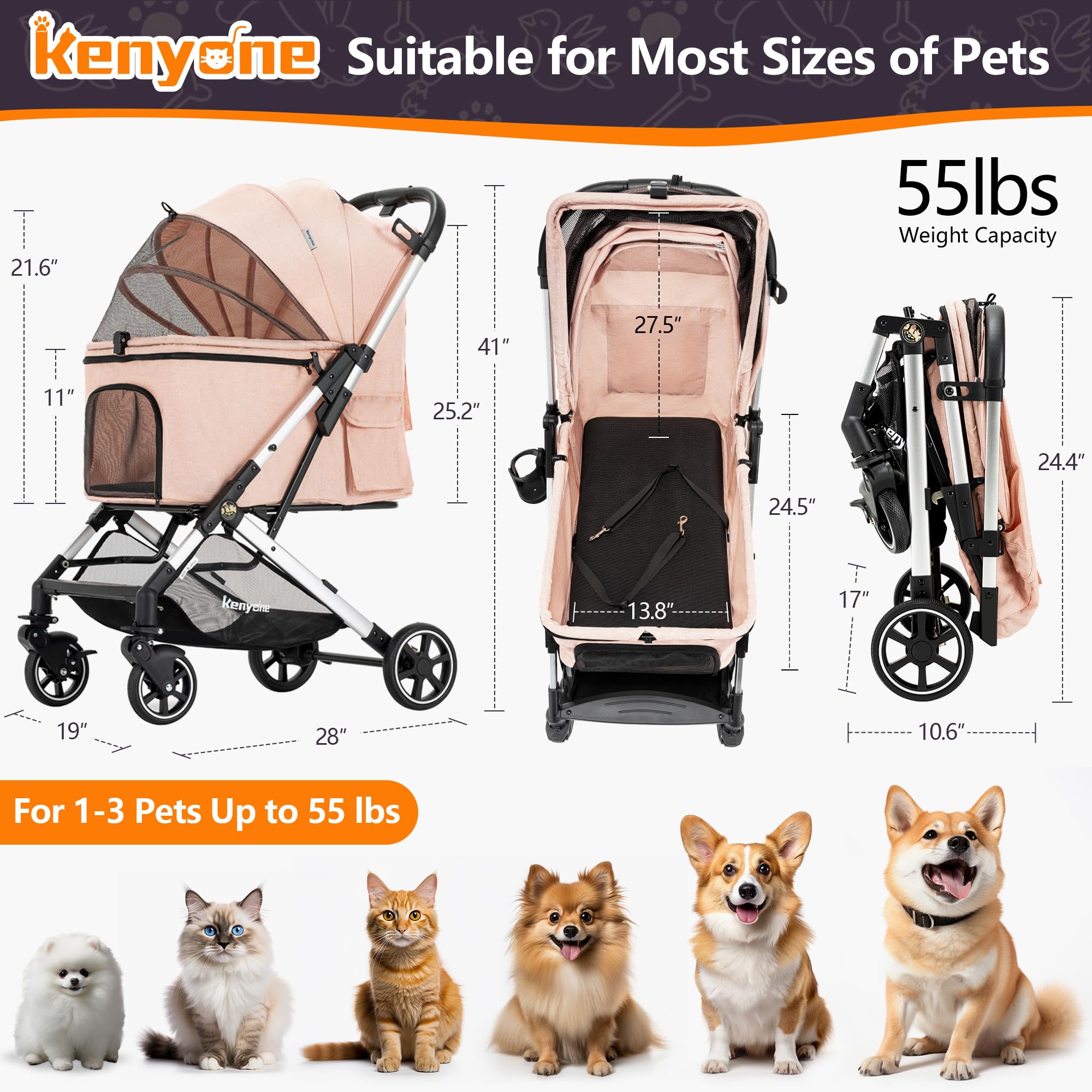 Kenyone Medium Dog Stroller for Pets Up to 55lbs - Lightweight Aluminum Frame, One-Click Folding, No-Zip Entry & Detachable Mesh - Large Pet Carrier with Storage Pockets for Walking, Travel & Outdoor Adventures
