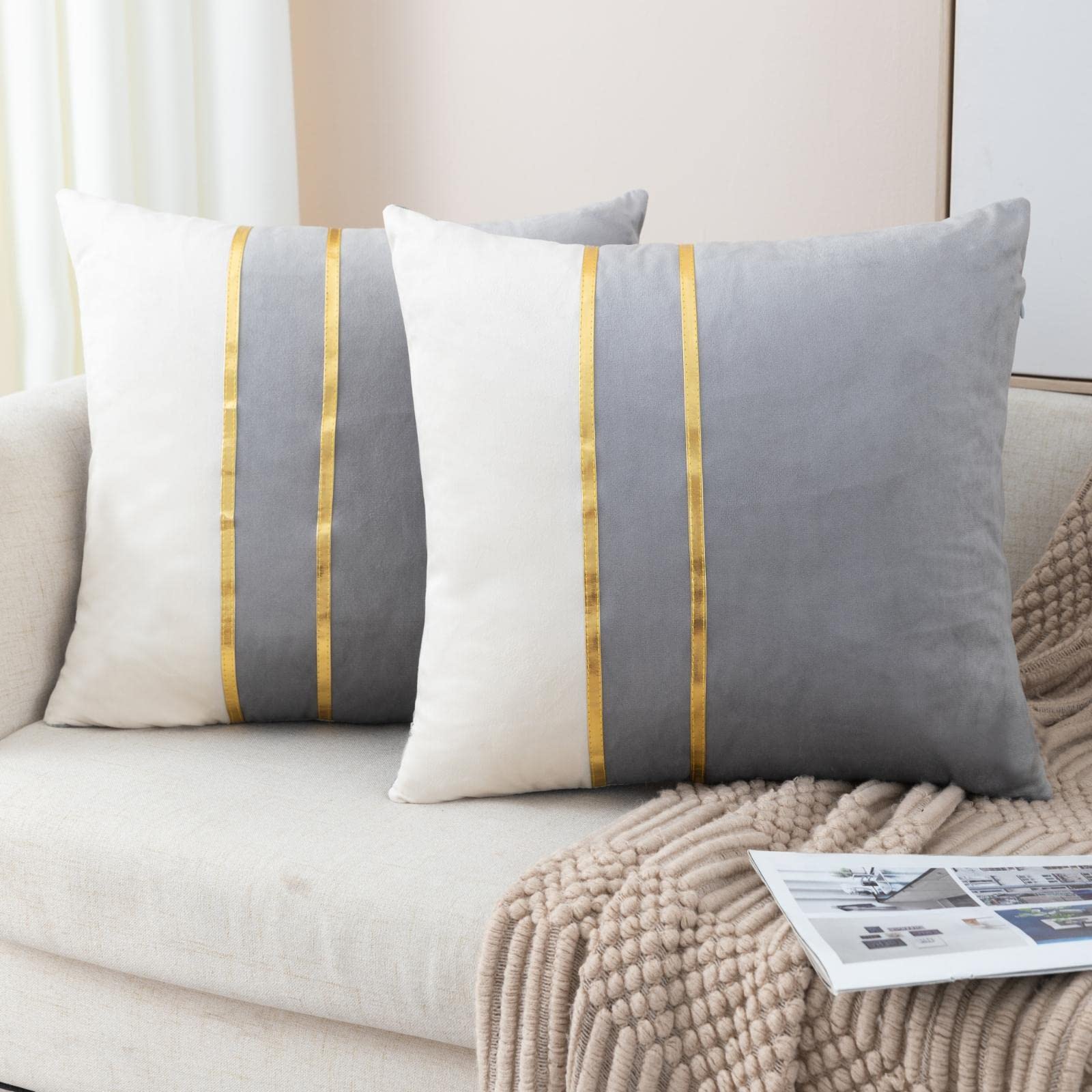 ZLINA Set of 2 Velvet Decorative Throw Pillow Covers - 18×18 Inch Grey & White Patchwork with Gold Leather Accents for Sofa, Bed & Car Decor | Luxury Home & Living Room Accessories
