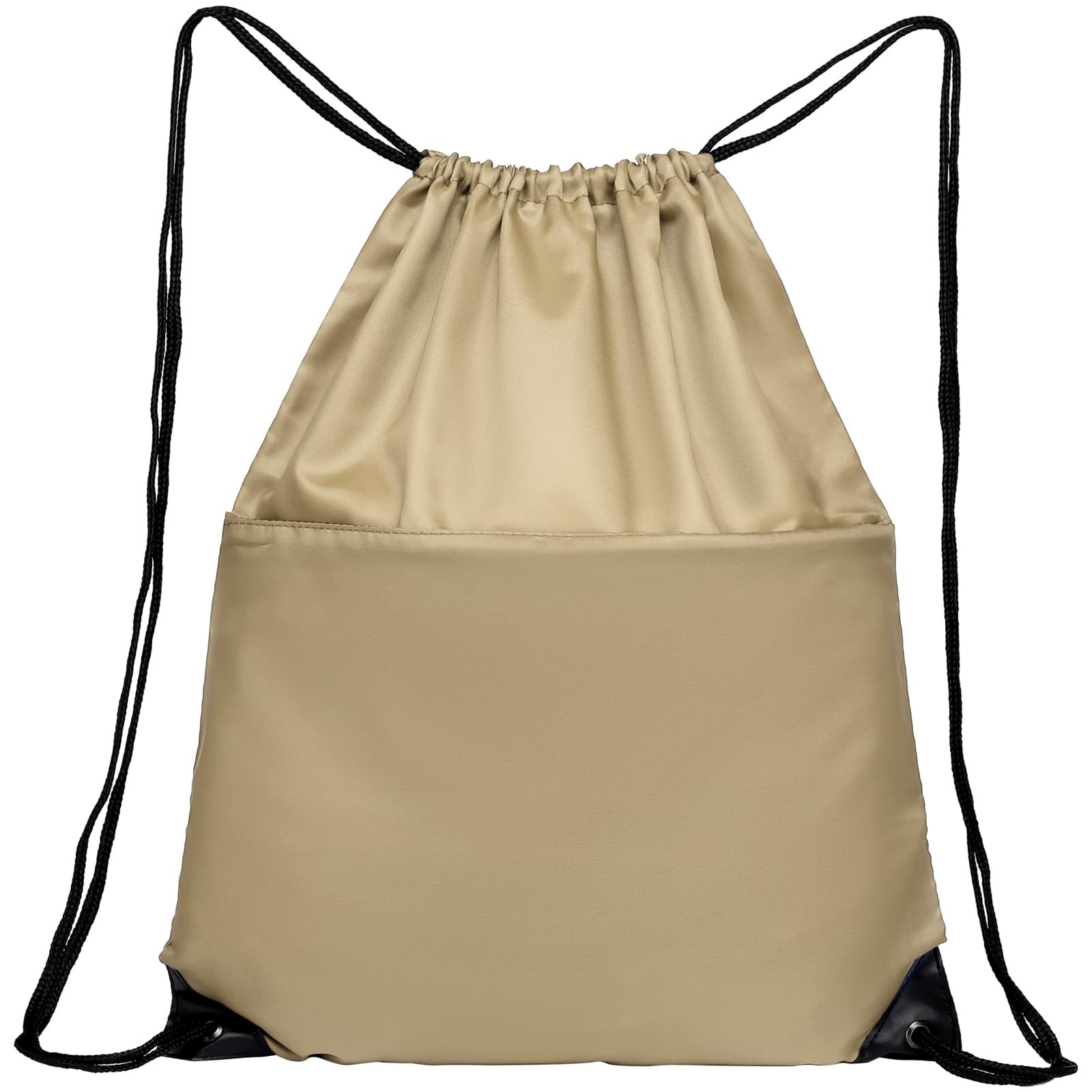 Lightweight 210D Nylon Drawstring Backpack with Zipper Side Pocket - Foldable Gym Sack for Men & Women - Perfect for Sports, Travel & School (Khaki)