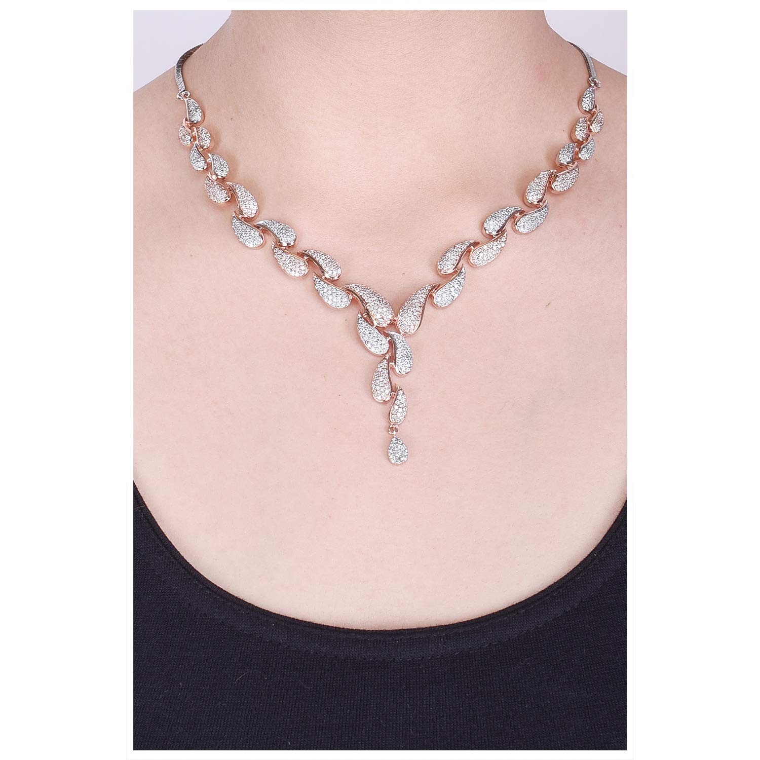 Ratnavali Jewels Women's Rose Gold Plated Cubic Zirconia Triple Line Necklace & Earrings Set | Bridal Jewelry for Weddings, Anniversaries & Special Occasions | RV3382RG