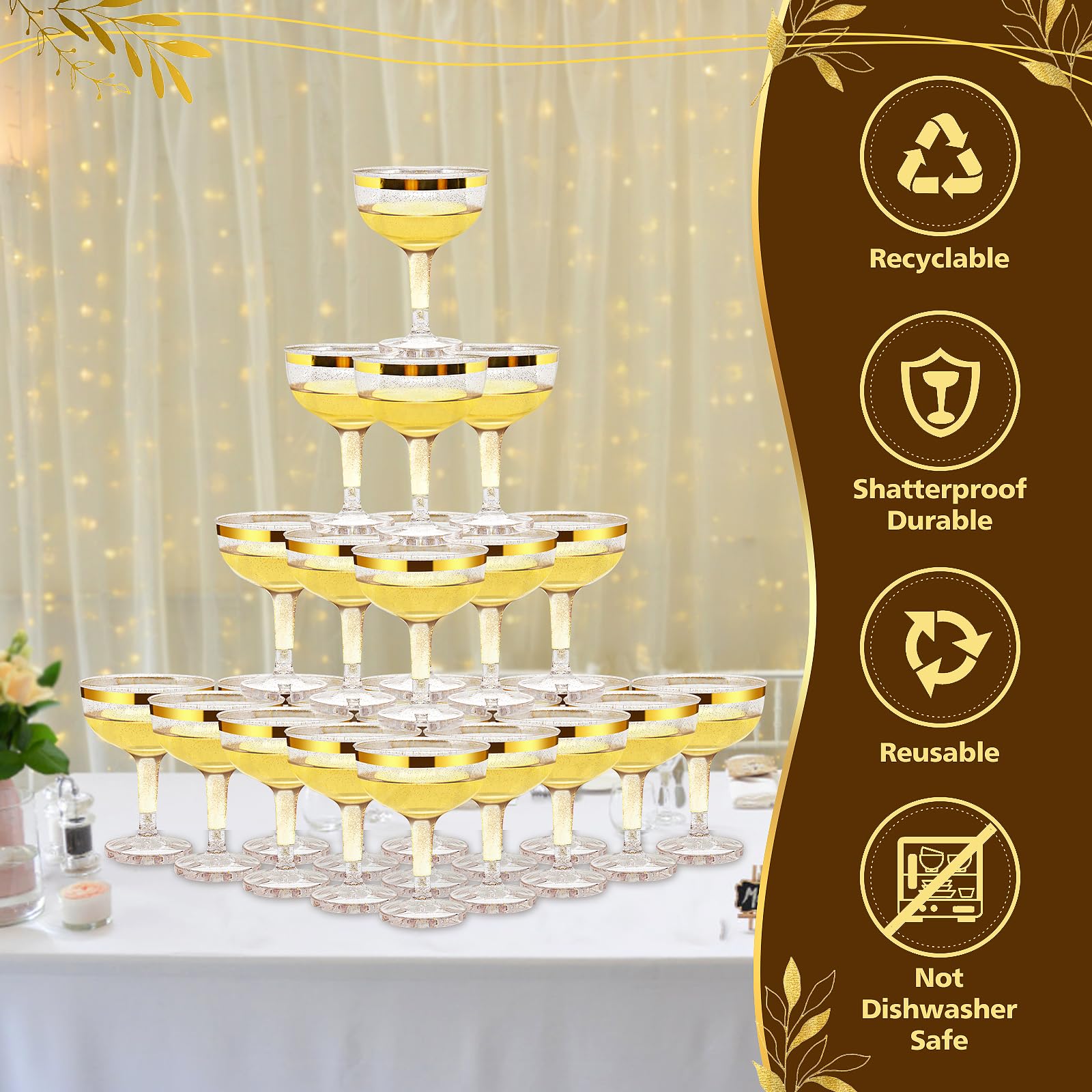 50 Pcs 5 oz Gold Plastic Champagne Coupe Glasses - Unbreakable Acrylic Martini Glasses for Parties, Weddings & Events - Disposable & Elegant Drinkware for Celebrations, Cocktail Receptions & Toasts