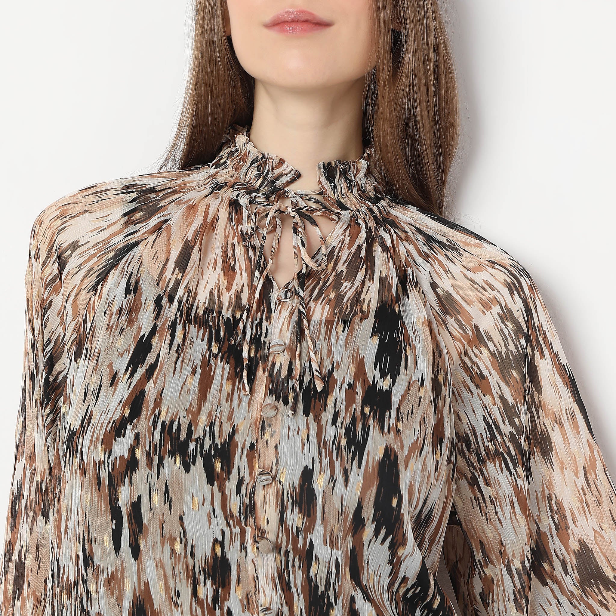 Abstract Woven Full Sleeve Blouse for Women - Boho Chic Long Sleeve Tunic Top - Casual Office Wear & Fall Fashion Layering Piece