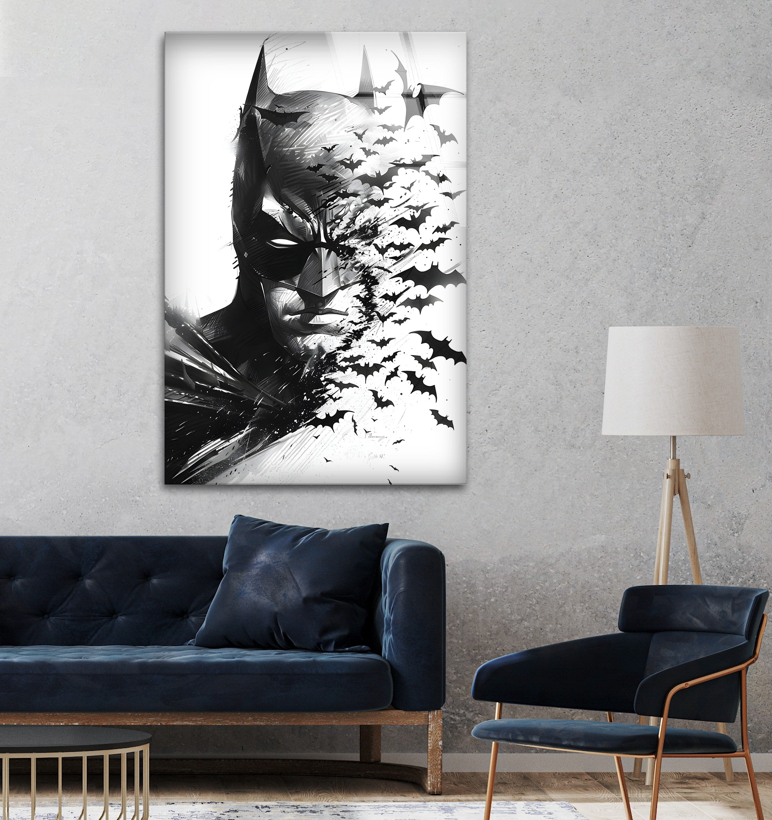 Batman Black and White Portrait Wall Art - Gothic Superhero Decor with Bats on Glass - Perfect for Man Cave, Home Theater & Superhero Bedroom Decor