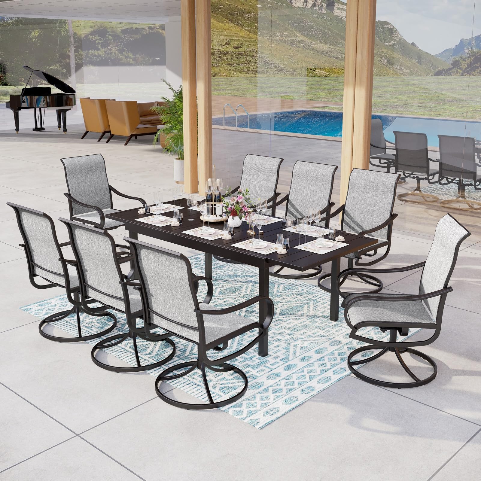 MFSTUDIO 6-8 Person Outdoor Dining Set - All-Weather Expandable Metal Table & 8 Swivel Chairs with Light Gray Sling Fabric - Perfect for Patio, Garden, Backyard & Poolside Entertaining