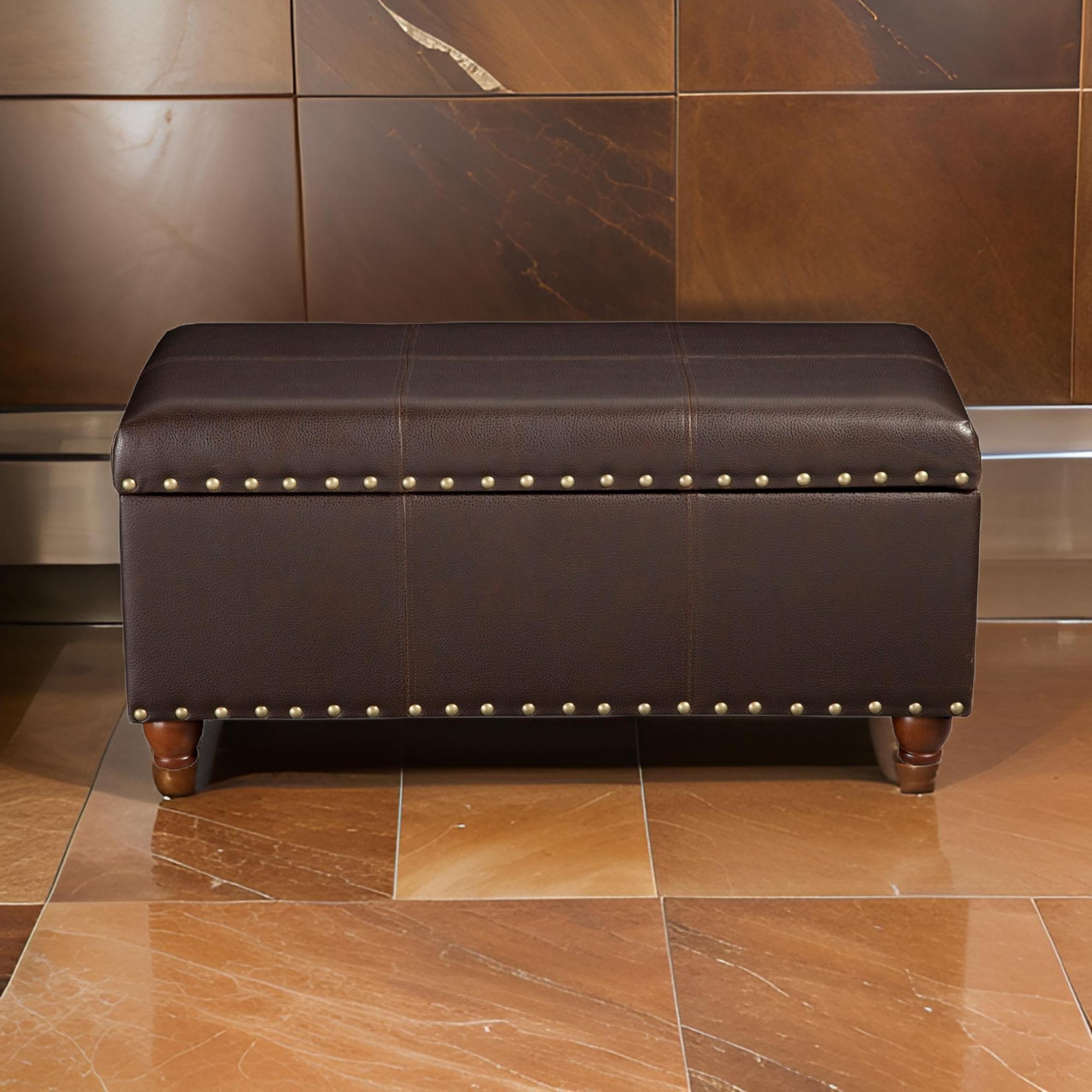 Benjara Brown Wooden Storage Bench with Nail Head Trim Accent - Stylish Entryway Seating & Shoe Storage for Living Room, Bedroom, or Hallway
