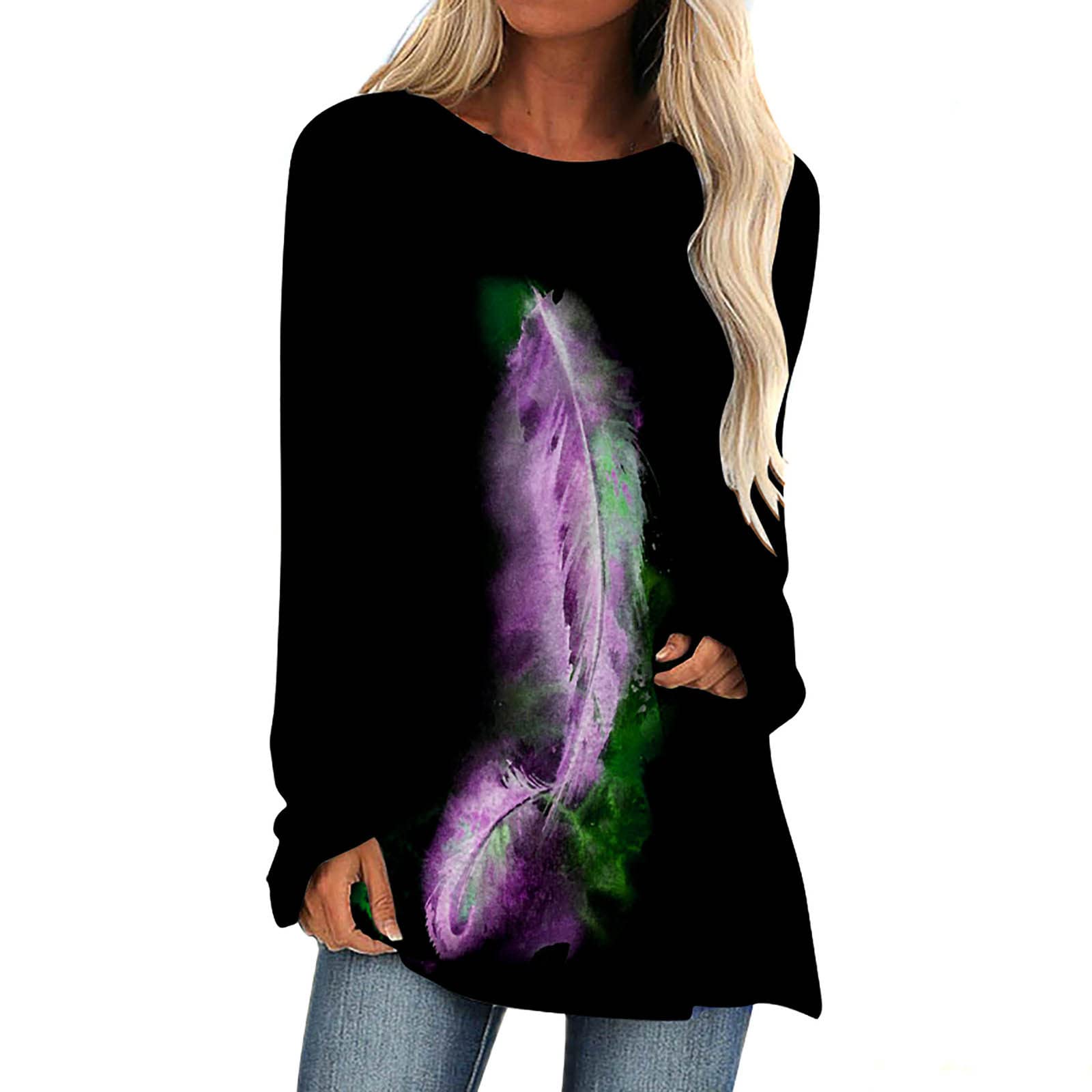 Wirziis Women's Fashion Feather Print Long Sleeve Tunic Top - Casual Loose Fit Crewneck Shirt for Leggings | Perfect for Work, Weekend Outfits & Layering