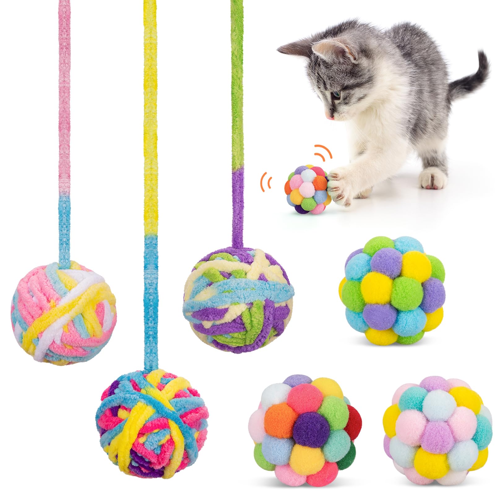 Retro Yarn Cat Toys with Bells - 6 Pack Interactive Kitten Balls for Indoor Play, Chewing & Hunting - Soft Fuzzy Cat Balls with Strings - Perfect for Playtime, Exercise & Bonding with Your Kitty