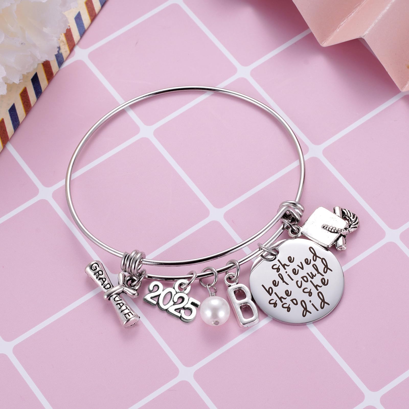Ukodnus Class of 2025 Graduation Bracelet - Personalized 26 Initial Charm Bracelet for High School & College Graduates - Inspirational Gift for Her - Perfect for Graduation Ceremonies, Parties & Keepsakes