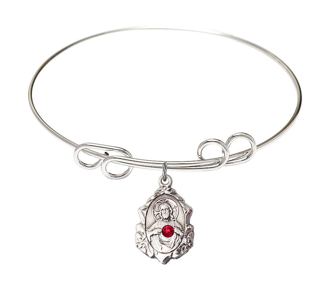 8 Inch Round Double Loop Bangle Bracelet with Scapular Medal Charm & July Red Crystal - Elegant Jewelry for Women, Perfect for Parties, Weddings, and Everyday Wear