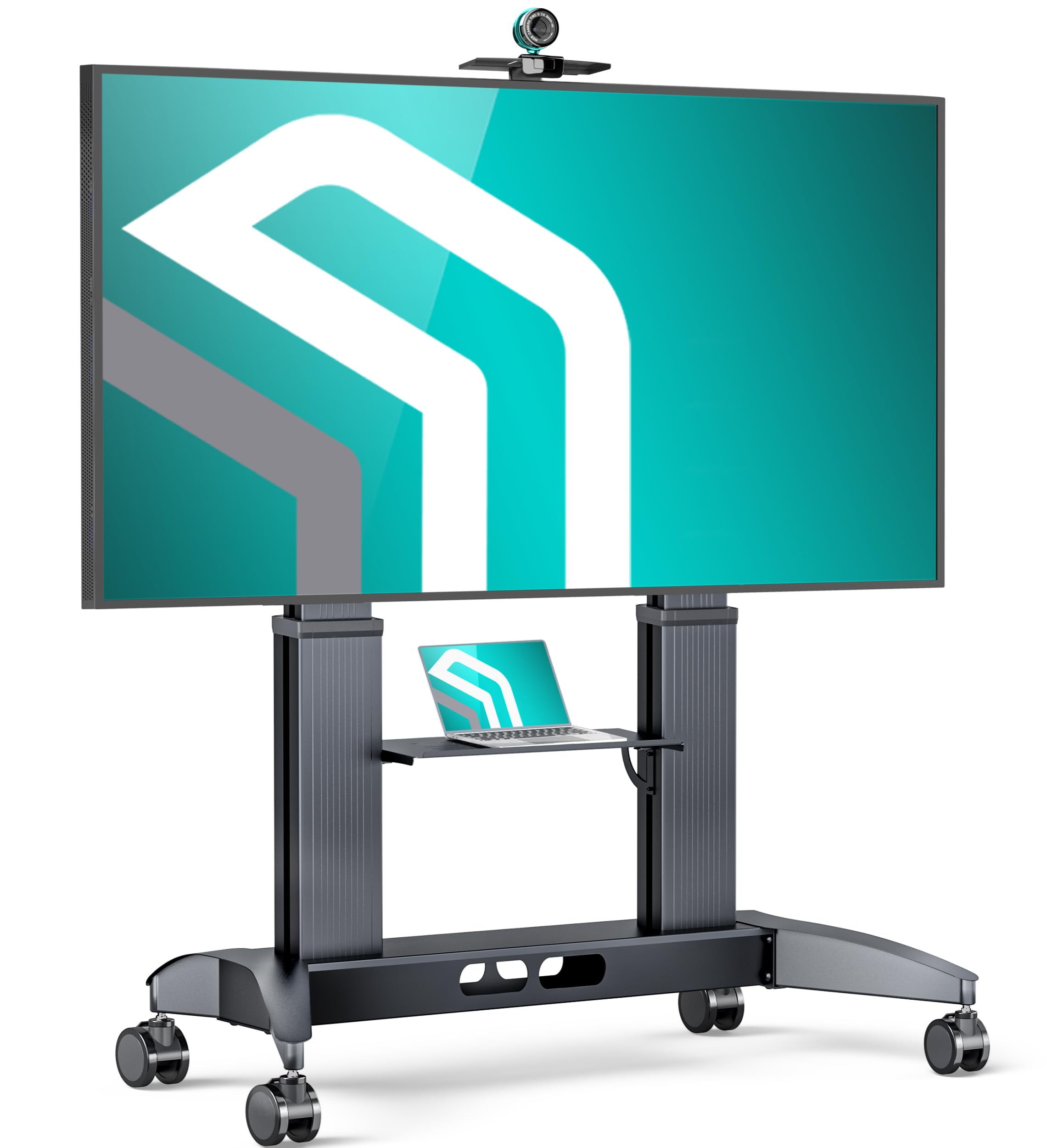 Heavy Duty Mobile TV Stand on Wheels for 70-110 Inch TVs up to 320 lbs - Adjustable Height TV Cart with Shelf & Aluminum Columns, Max VESA 1000x600 - Perfect for Living Rooms, Home Theaters & Commercial Use - Portable Black Rolling TV Stand
