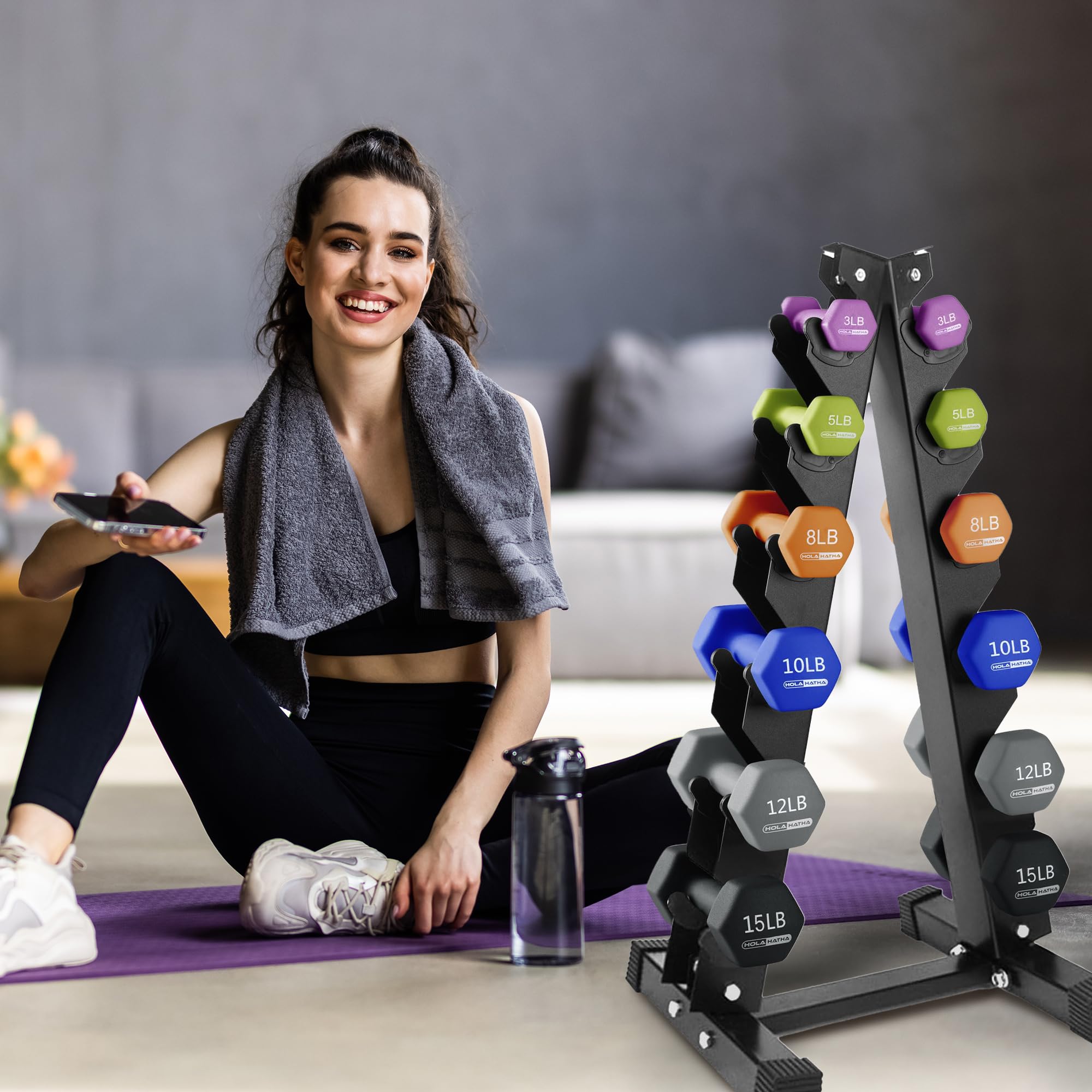 HolaHatha Neoprene Dumbbell Set with Storage Rack - 5-15lbs Free Weights for Home Gym, Strength Training & Toning | Perfect for HIIT, Yoga & Full-Body Workouts