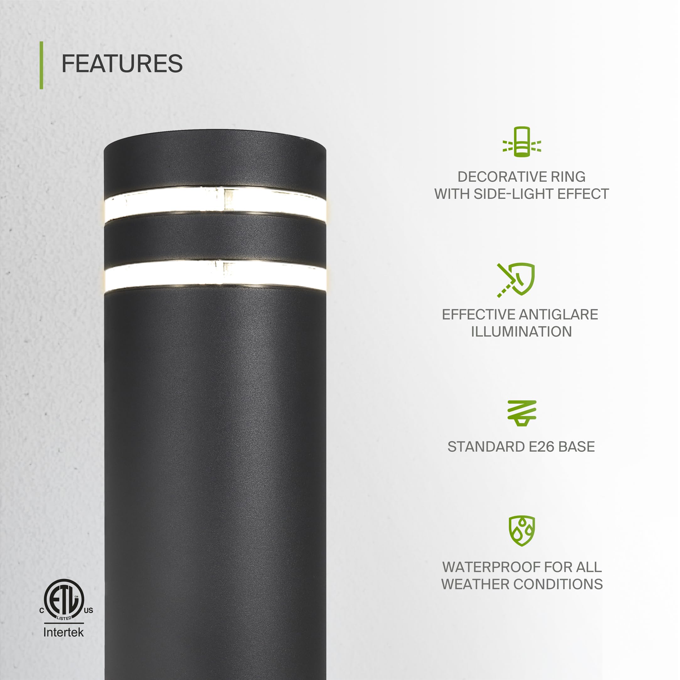 12 Inch Round Bollard Light Fixture - 60W E26 Socket 120V, Dimmable & Waterproof Outdoor Lighting - Compatible with LED/CFL/Incandescent Bulbs - ETL Listed Black Landscape Post Light for Garden, Pathway, and Driveway Illumination