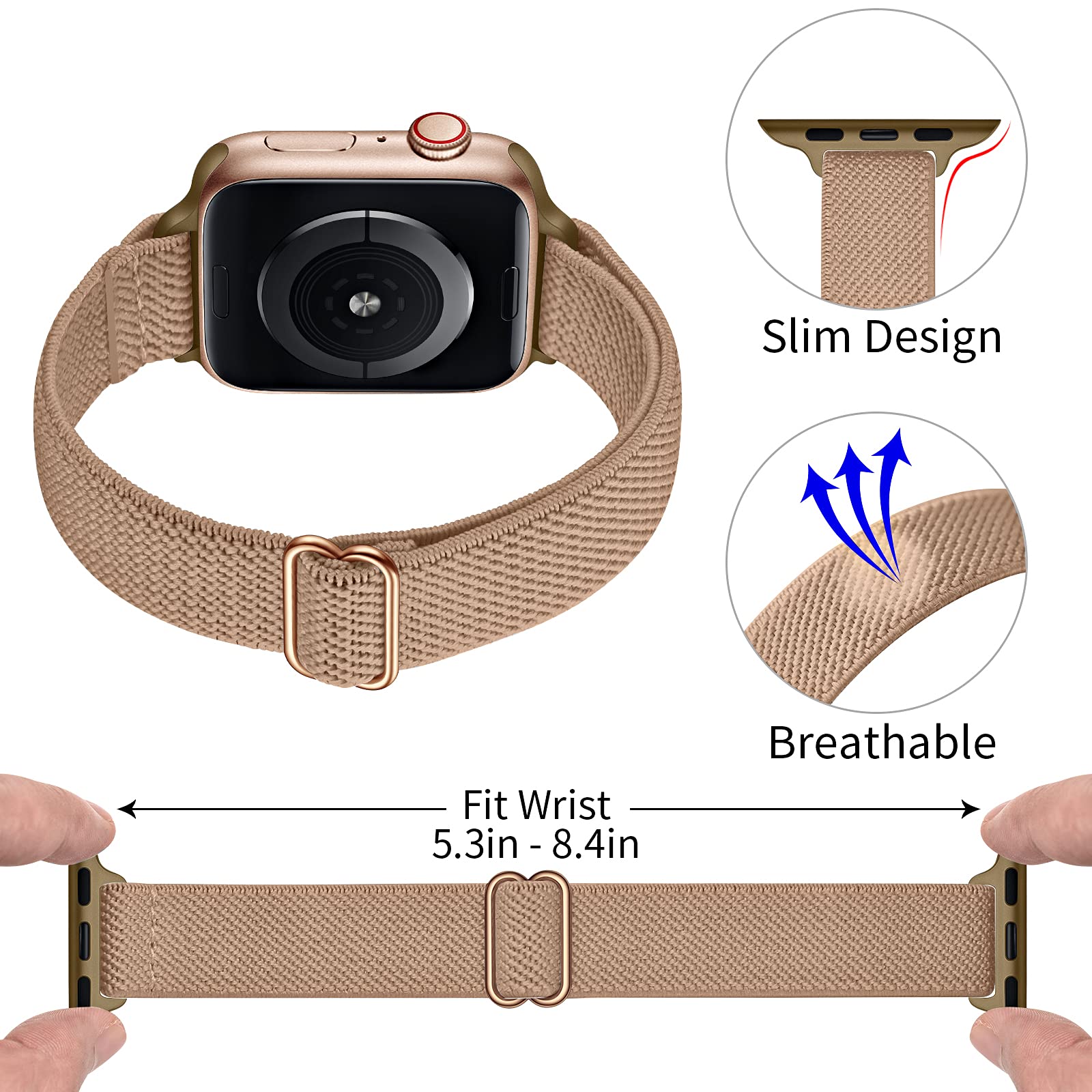 SICCIDEN Slim Stretchy Nylon Watch Band for Apple Watch Ultra 2/1, SE & Series 10/9/8/7/6/5/4/3/2/1 - 42mm/44mm/45mm/46mm/49mm - Light Brown & Rose Gold - Comfortable Elastic Strap for Women - Perfect for Workouts, Running & Everyday Wear