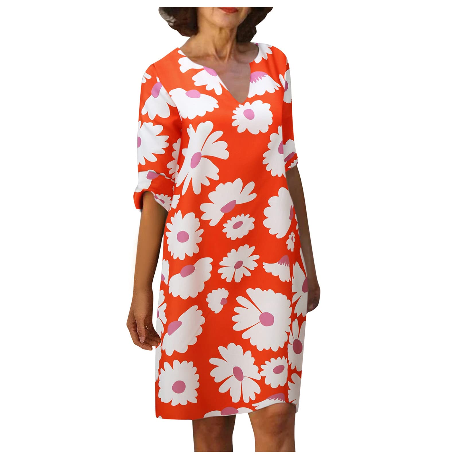 Vintage Printed Short Dress for Women - V Neck Short Sleeve Summer Shift Midi Dress | Beach Party, Casual Outfits & Vacation Wear