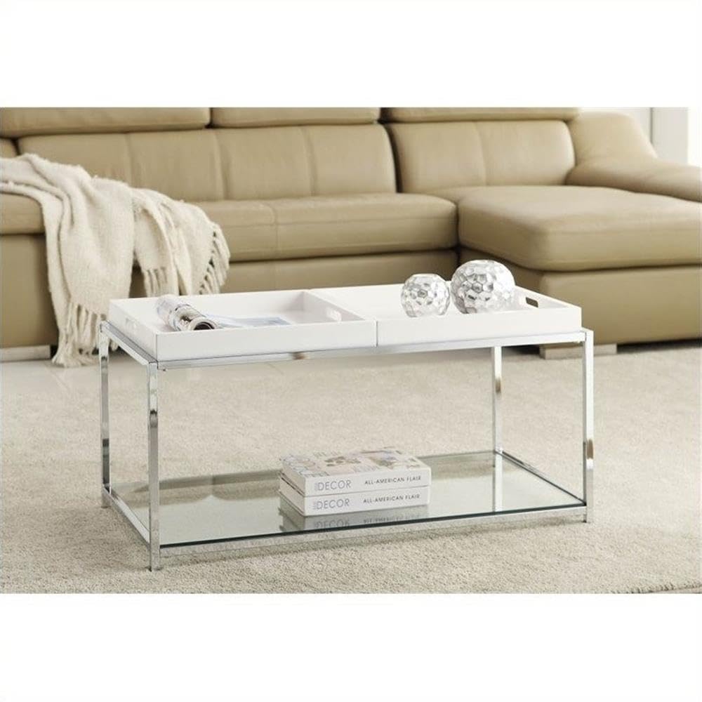 Pemberly Row White Glass Coffee Table - Modern Living Room Centerpiece for Home & Office Decor