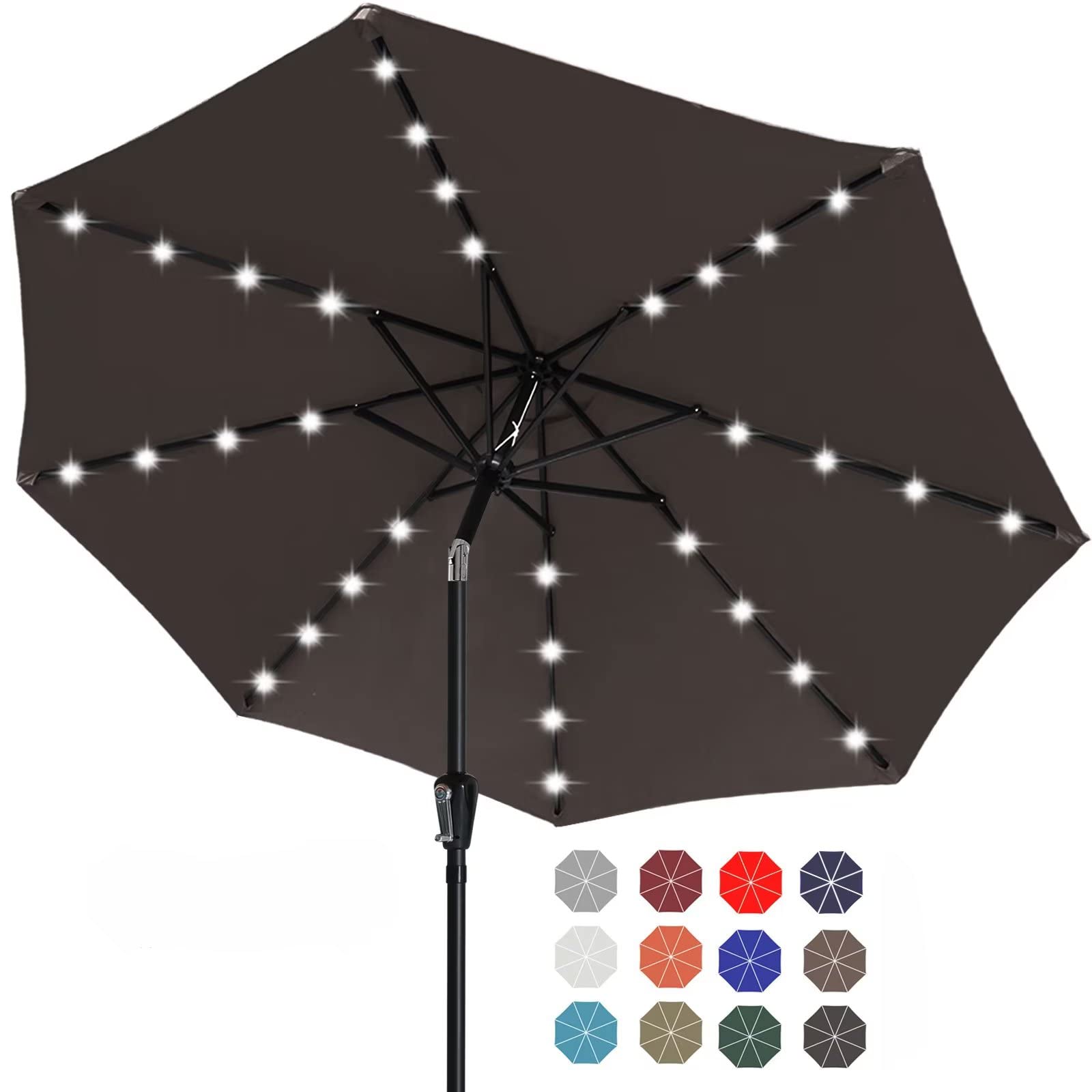 Durable 7.5FT Solar LED Patio Umbrella with 32 LED Lights - Brown Outdoor Canopy for Garden, Poolside & Backyard Relaxation