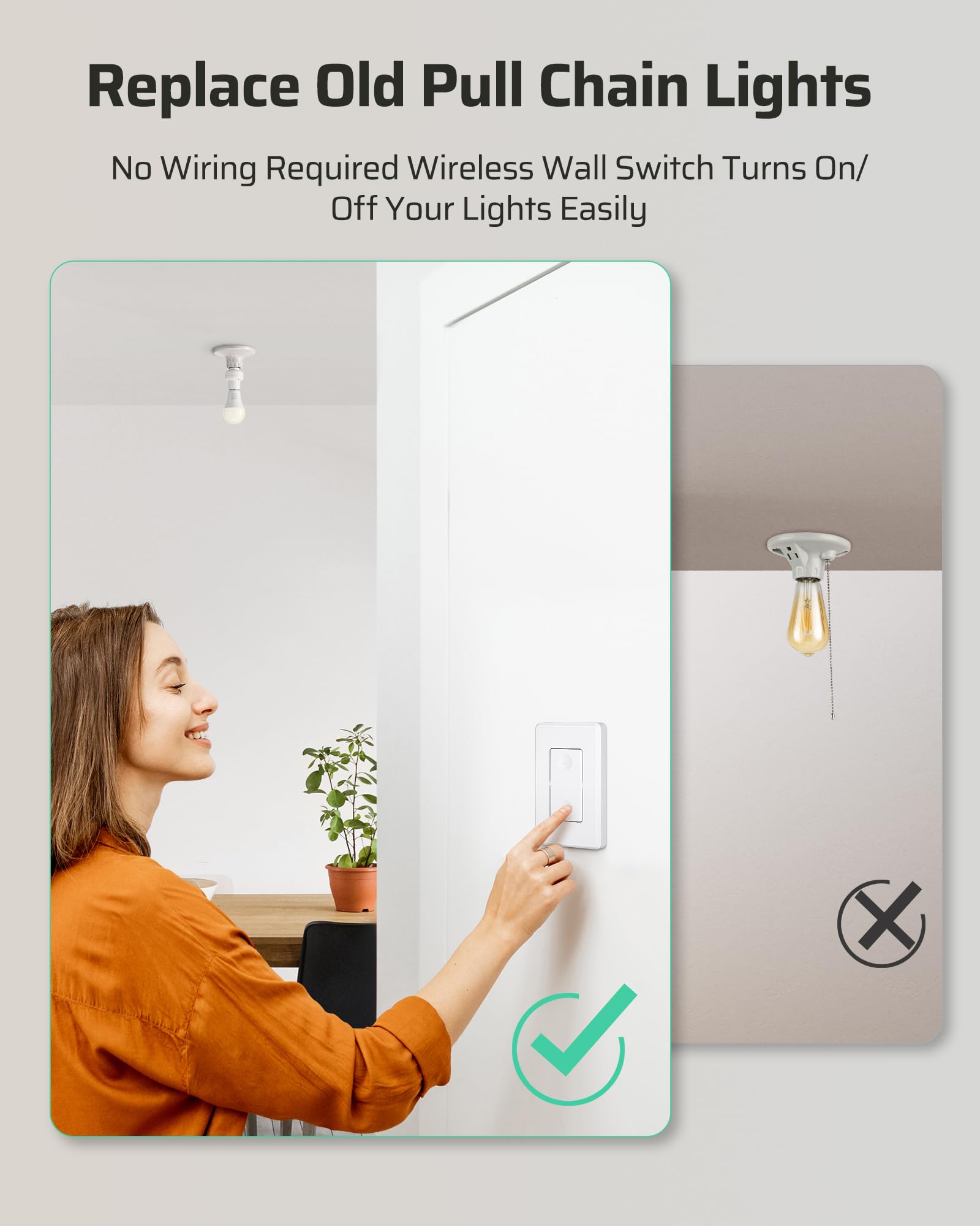 DEWENWILS Wireless Remote Control Light Bulb Socket - E26/E27 Base with Wall Mounted Switch for Pull Chain Fixtures | No Wiring Required | ETL Certified | Perfect for Bedrooms, Stairways & Hard-to-Reach Lights