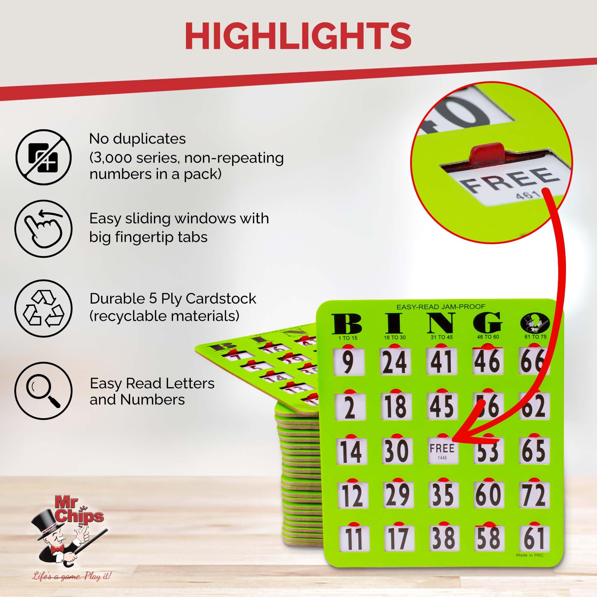 MR CHIPS Jam-Proof Bingo Cards with Sliding Windows - 50 Reusable Shutter Cards, 75 Calling Cards & 1 Master Board (Green) - Perfect for Family Game Nights, Bingo Parties & Classroom Activities