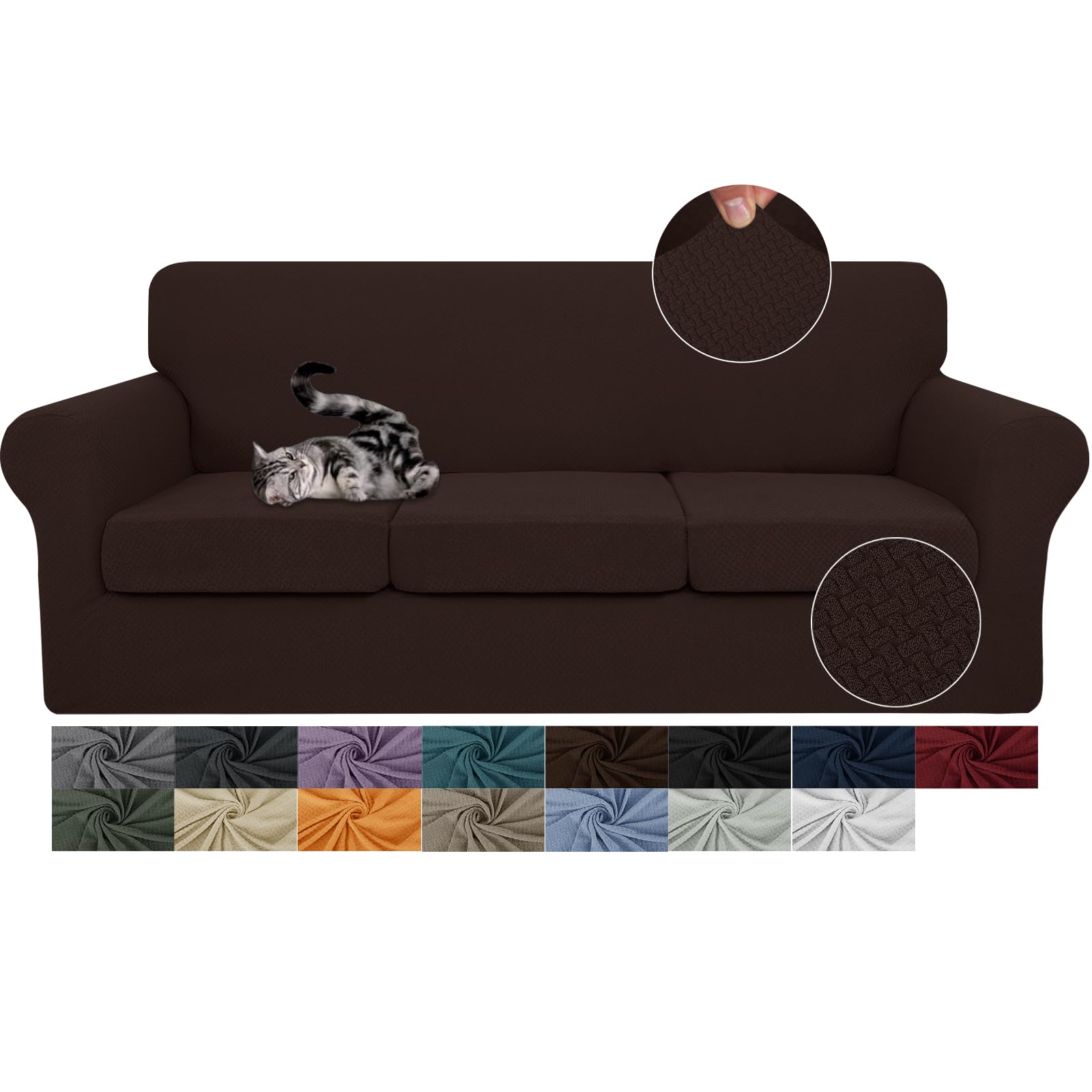 JIVINER 4-Piece Stretch Sofa Slipcover Set for 3-Cushion Couch - Thick Fitted Furniture Protector with 3 Seat Covers - Pet & Dog Proof - Dark Coffee - Perfect for Living Room, Family Room & Home Decor