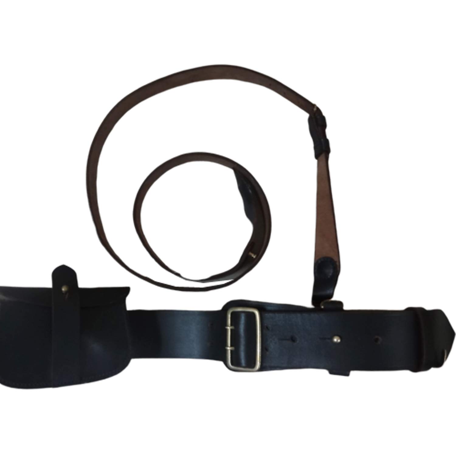 Vintage Style Sam Browne Belt with Ammo Pouch & Shoulder Strap - Dark Brown Leather Military Officer Belt for Cosplay, Reenactment & Historical Costume Events