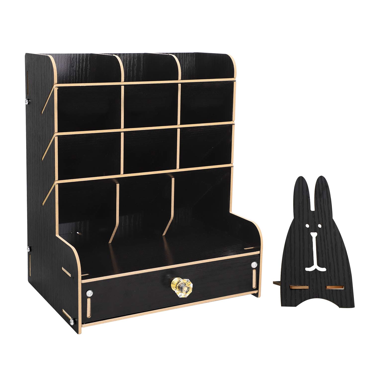 9 Grid Wooden Desktop Organizer with Drawer - Pen Pencil Holder, Marker & Makeup Tools Storage Caddy - Perfect for School, Office & Home Organization (Ideal for Desks, Countertops & Vanity Tables)