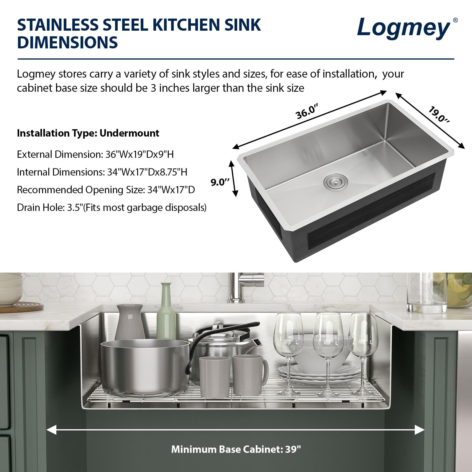 Logmey 36 Inch Undermount Kitchen Sink - 36x19 Inch Handmade Stainless Steel Single Bowl Sink, 16 Gauge, Perfect for Modern Kitchens & Food Prep Stations