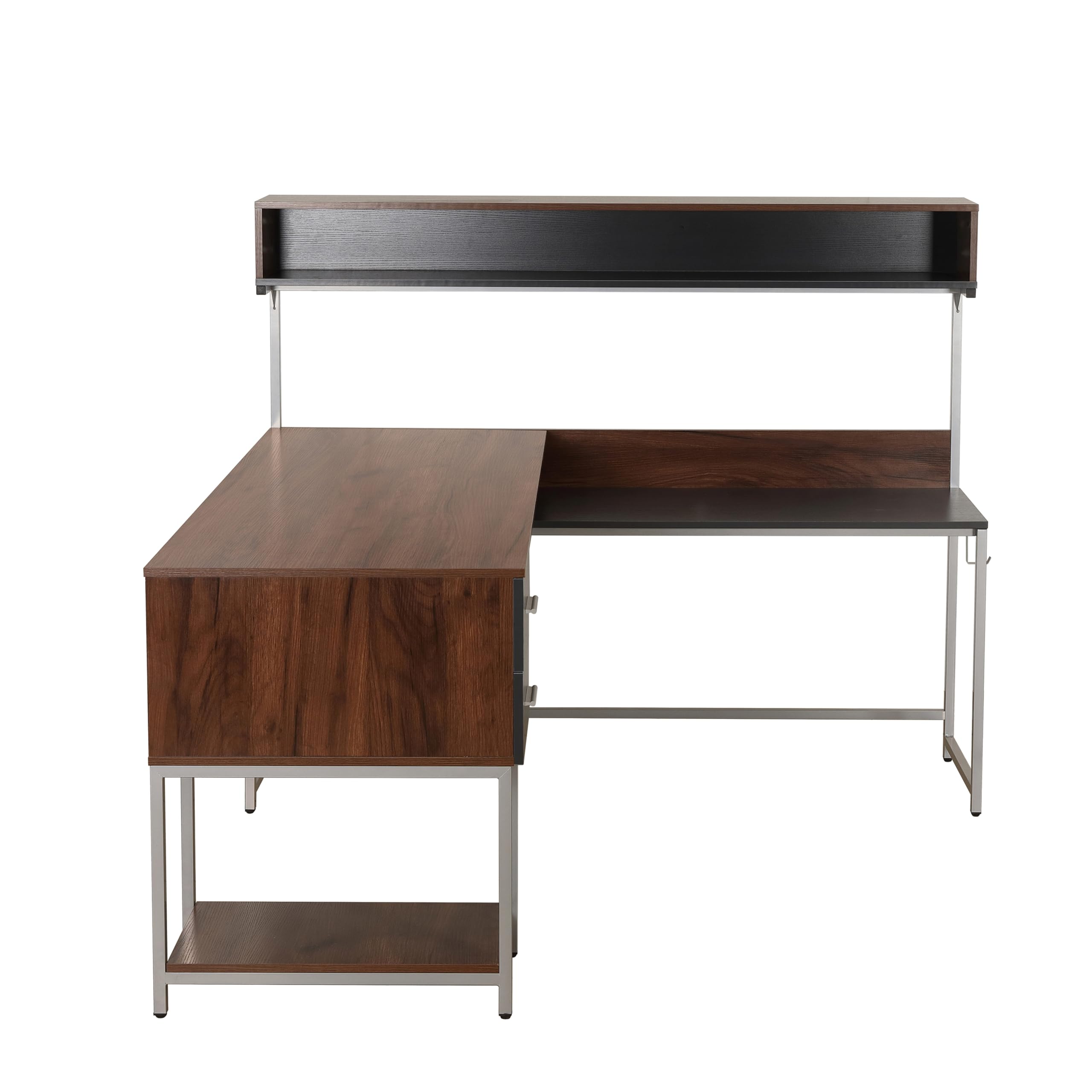 Techni Mobili L-Shaped Corner Computer Desk with Hutch, Storage Drawers & Open Shelf - Walnut Home Office Workstation for PC, Printer & Study Space