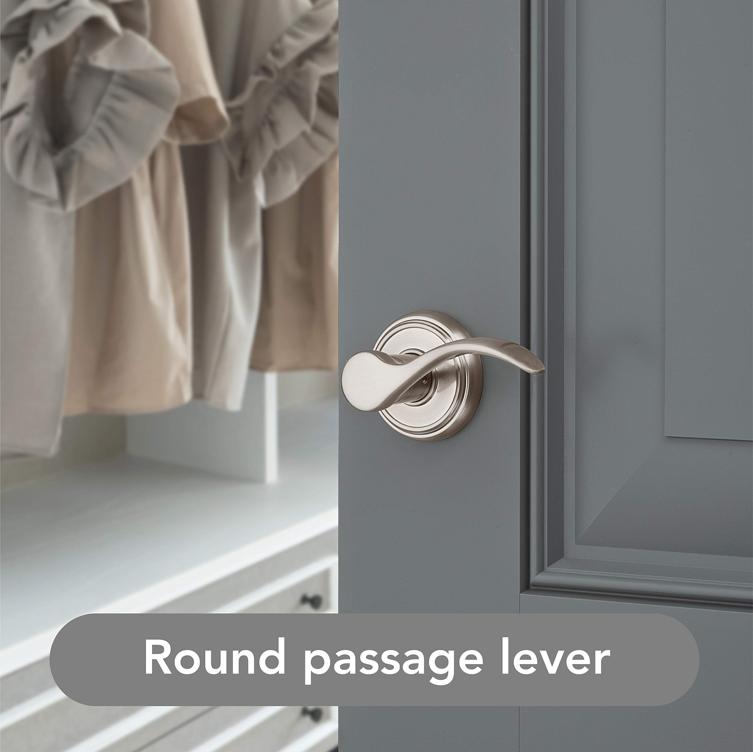Baldwin Tobin Reversible Interior Passage Door Lever - Non-Locking Hallway Closet Bedroom Door Handle with Microban Antimicrobial Protection in Satin Nickel Finish - Perfect for Residential Homes, Offices, and Commercial Spaces